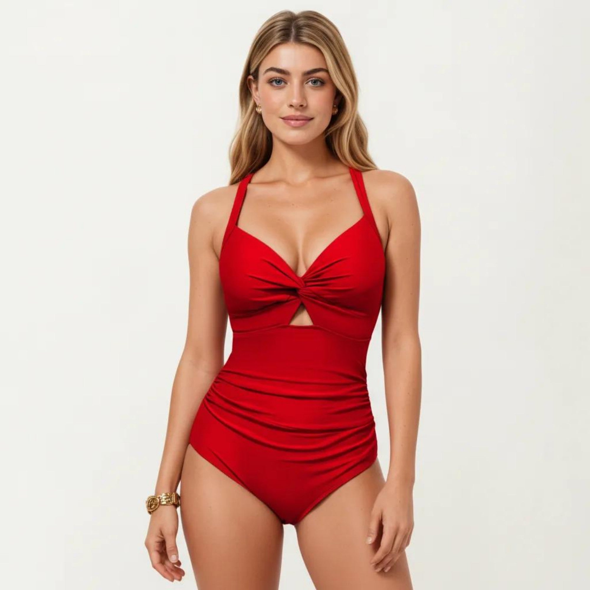 Anna-Kaci Swim Women's One Piece Swimsuit with Halter Neckline Twist Front Cutout and Ruched Waist