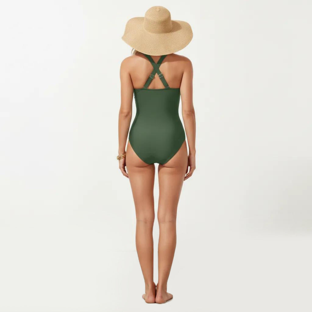 Anna-Kaci Swim Women's One Piece Swimsuit with Halter Neckline Ruched Front and Laser Cut Detail