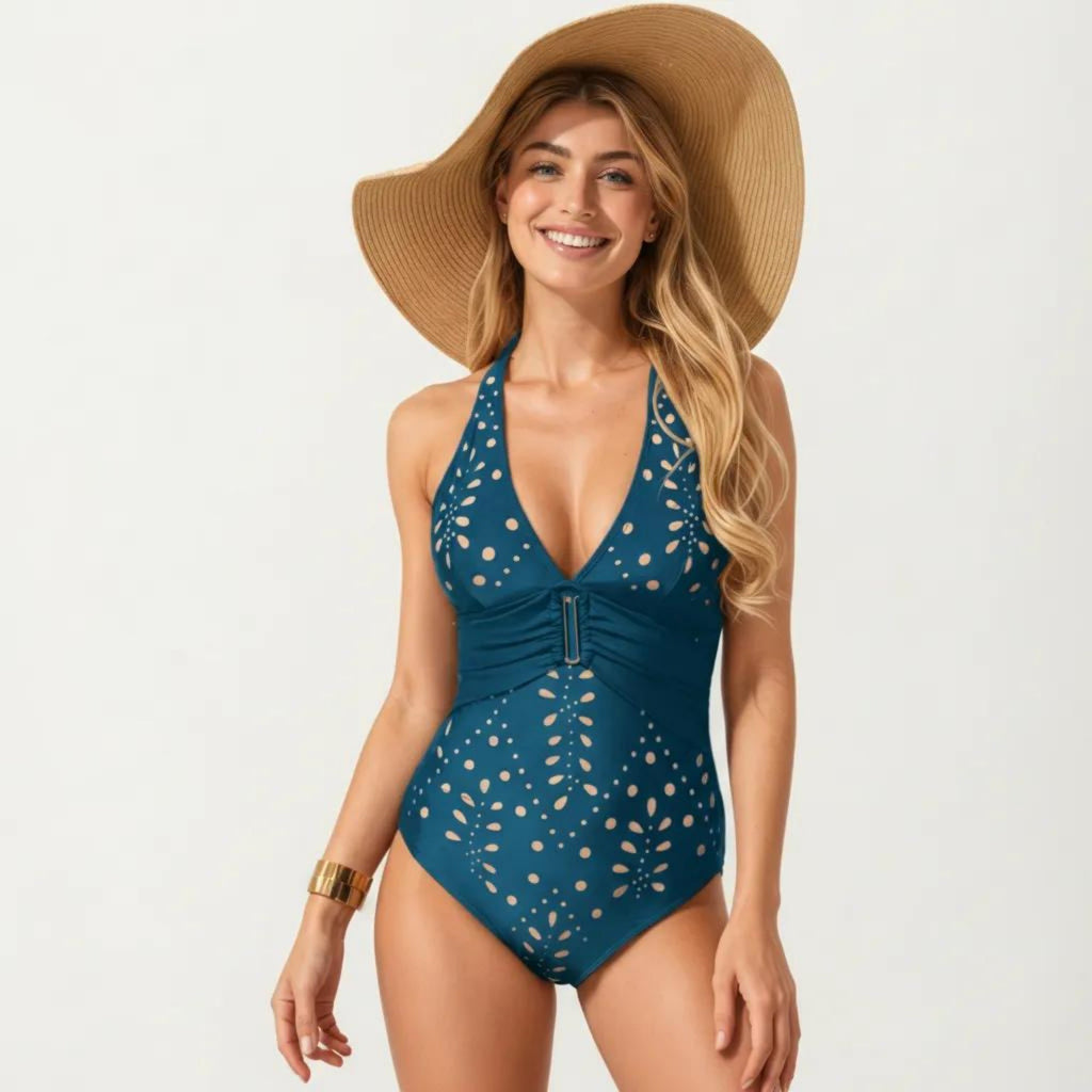 Anna-Kaci Swim Women's One Piece Swimsuit with Halter Neckline Ruched Front and Laser Cut Detail