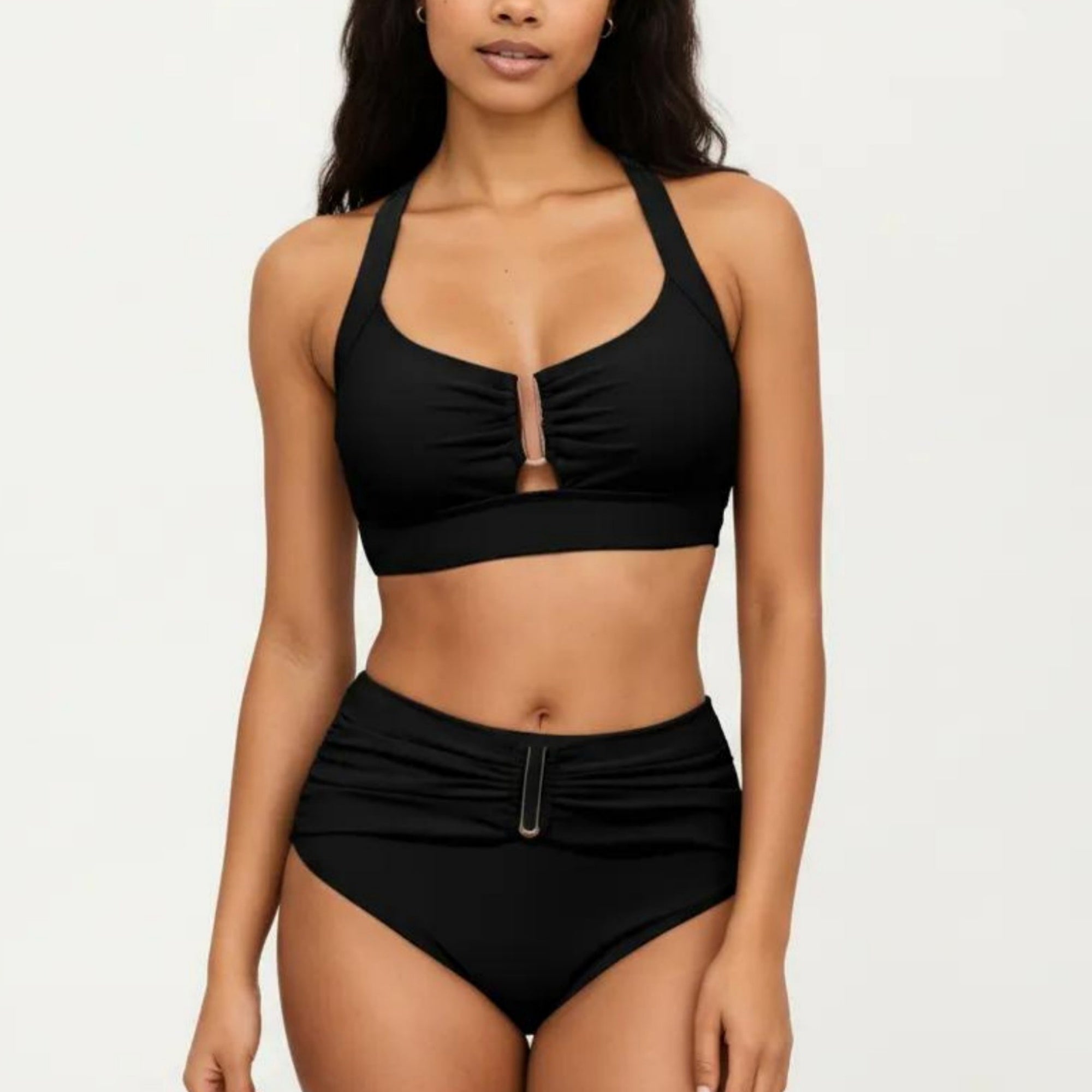Anna-Kaci Swim Women's Two Piece Bikini Set with Ruched Bralette Top and High Waist Bottoms