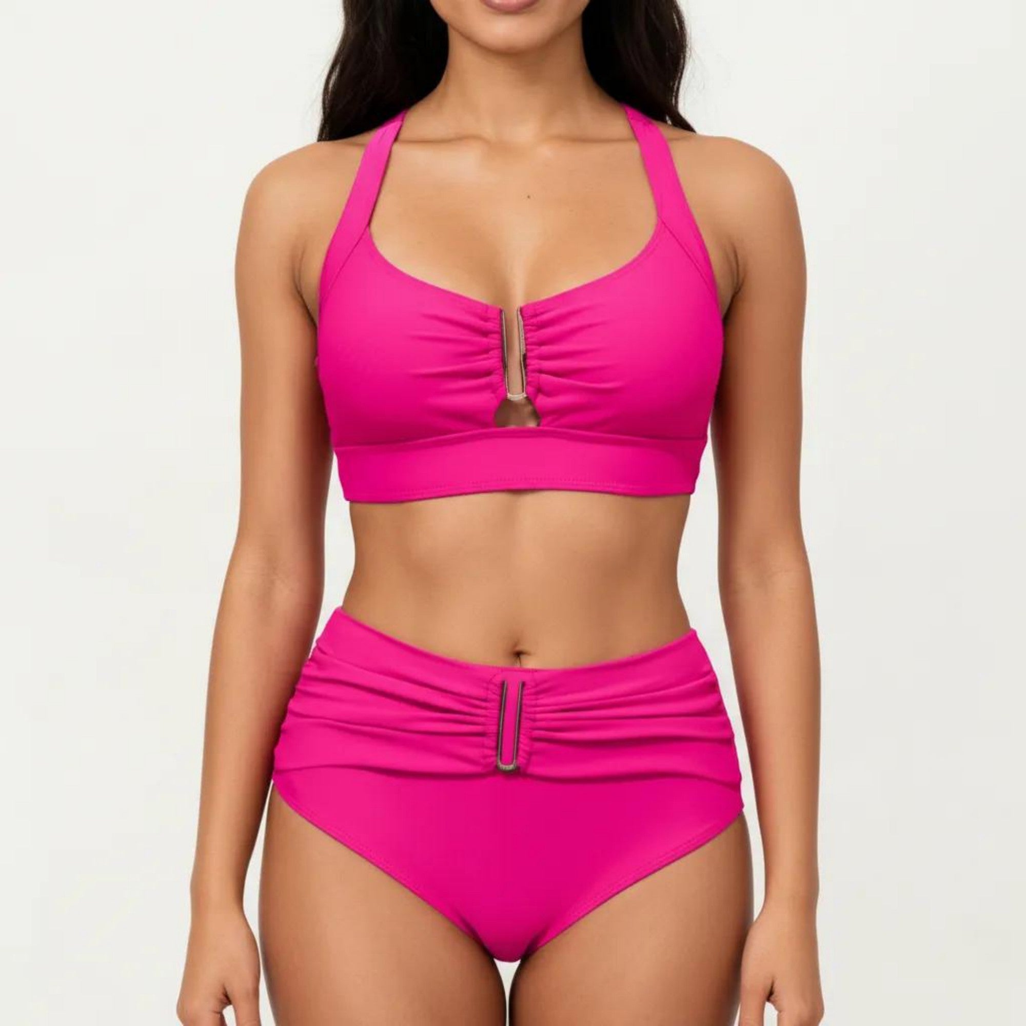 Anna-Kaci Swim Women's Two Piece Bikini Set with Ruched Bralette Top and High Waist Bottoms