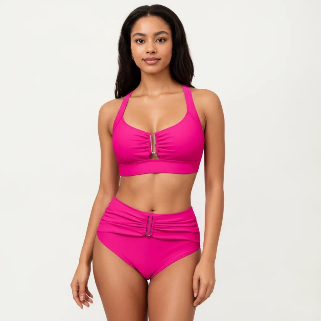 Anna-Kaci Swim Women's Two Piece Bikini Set with Ruched Bralette Top and High Waist Bottoms