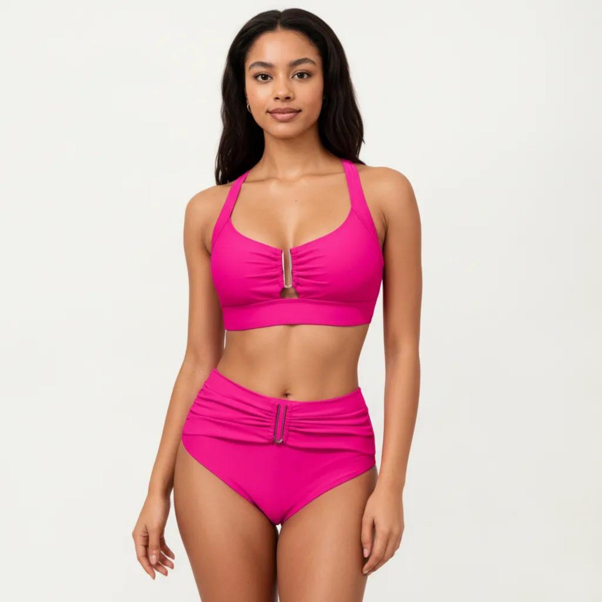 Anna-Kaci Swim Women's Two Piece Bikini Set with Ruched Bralette Top and High Waist Bottoms