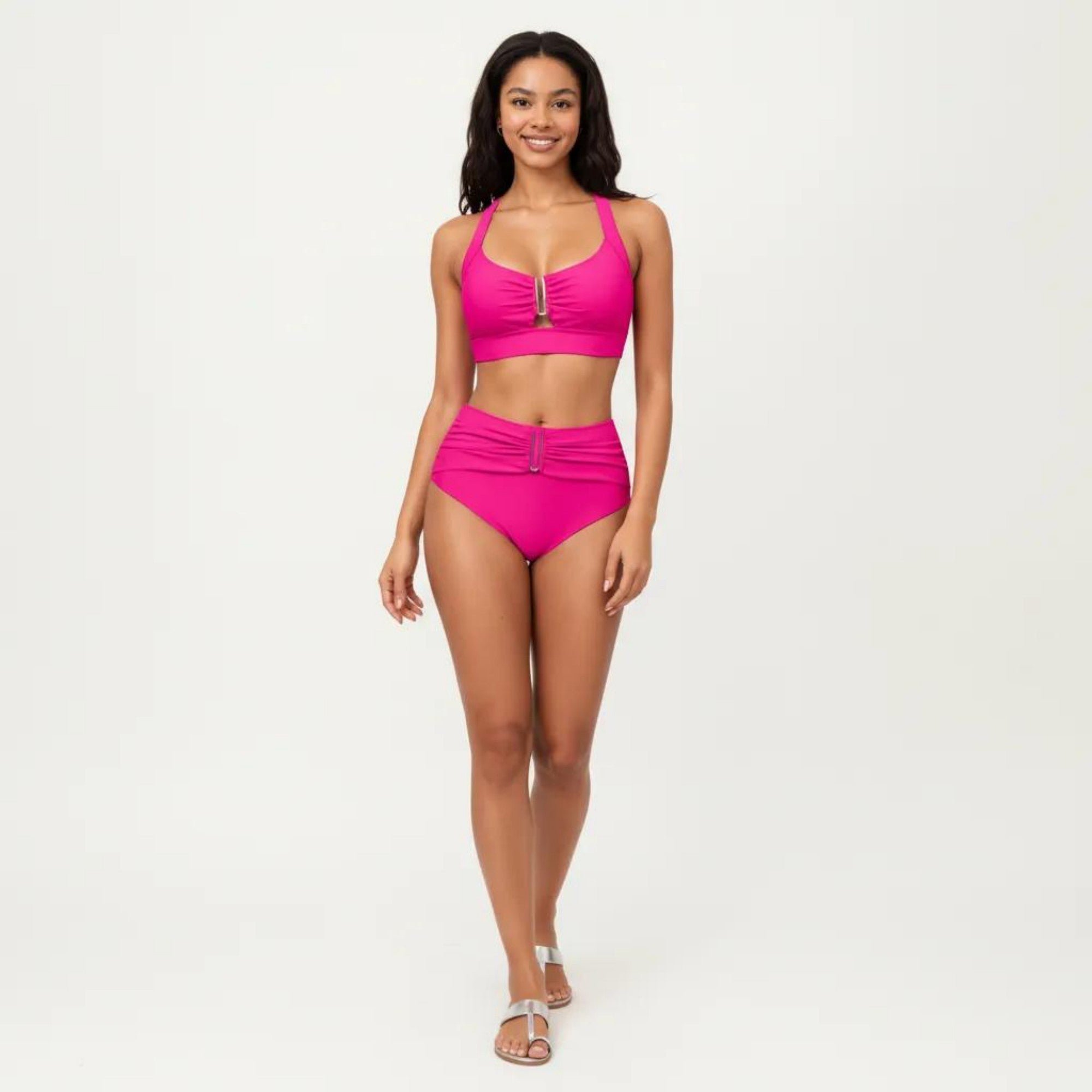 Anna-Kaci Swim Women's Two Piece Bikini Set with Ruched Bralette Top and High Waist Bottoms