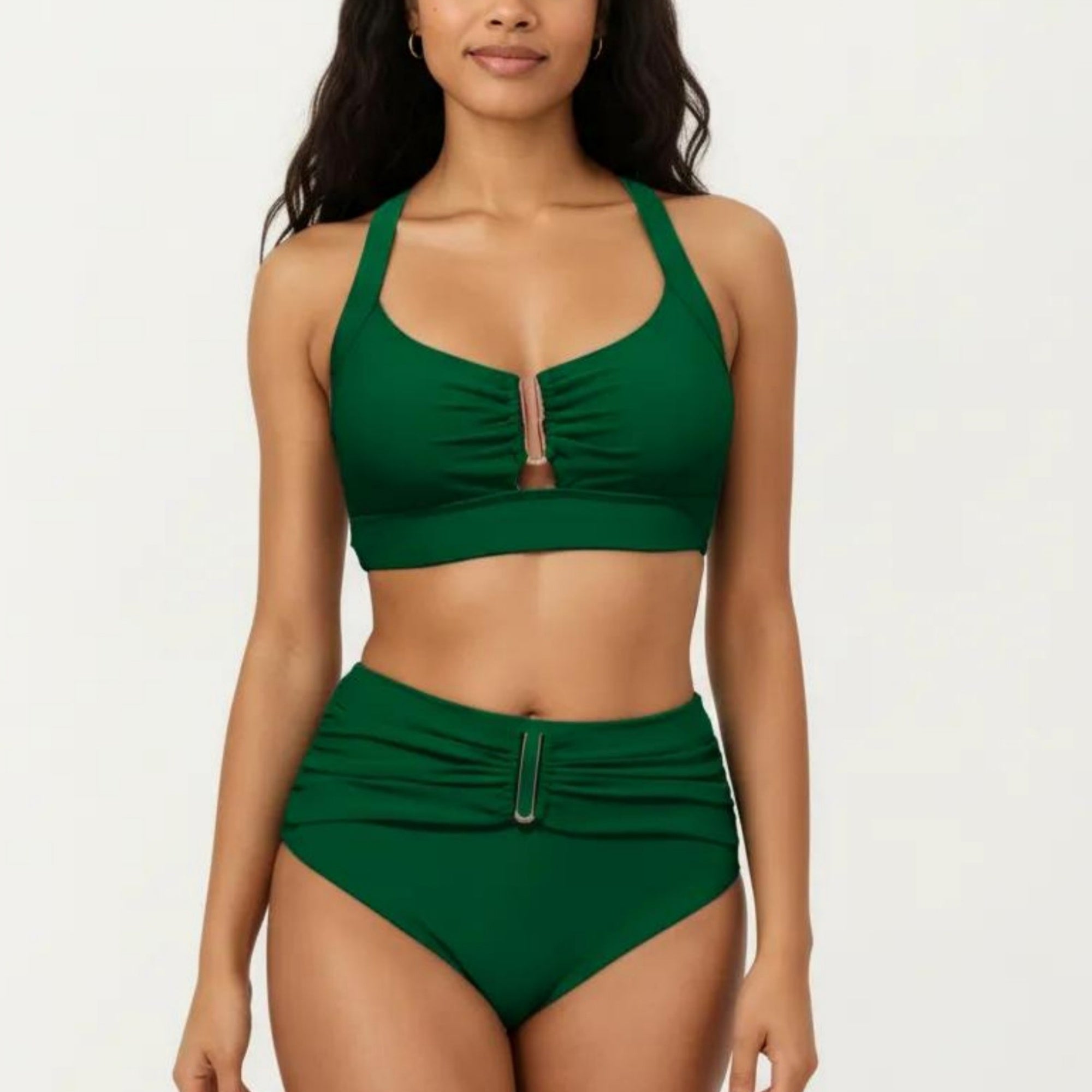Anna-Kaci Swim Women's Two Piece Bikini Set with Ruched Bralette Top and High Waist Bottoms