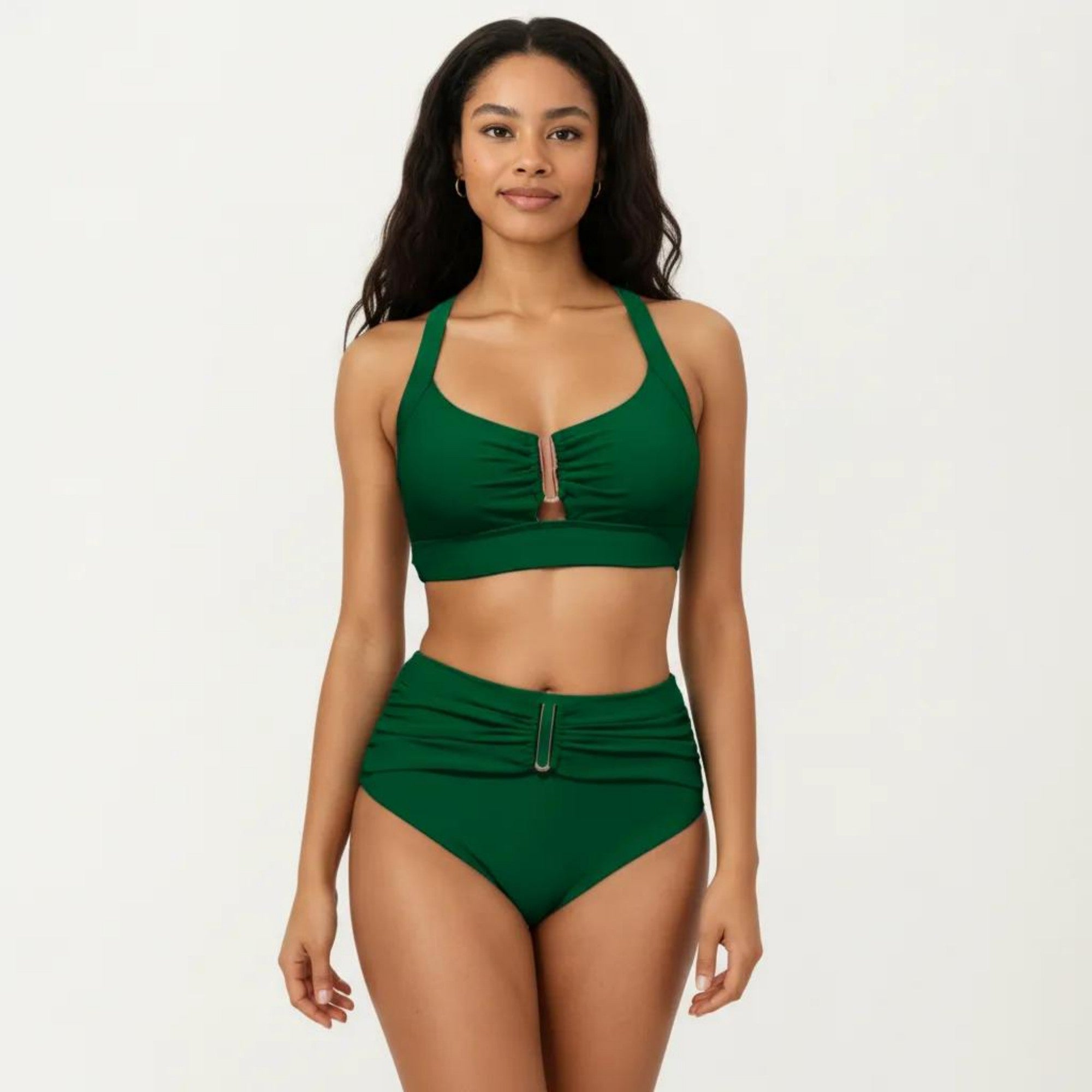 Anna-Kaci Swim Women's Two Piece Bikini Set with Ruched Bralette Top and High Waist Bottoms