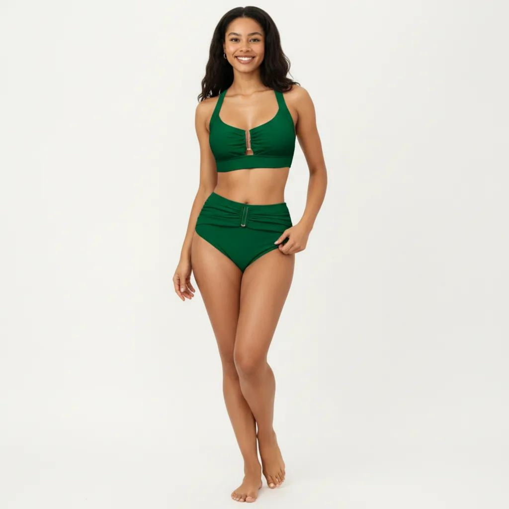 Anna-Kaci Swim Women's Two Piece Bikini Set with Ruched Bralette Top and High Waist Bottoms