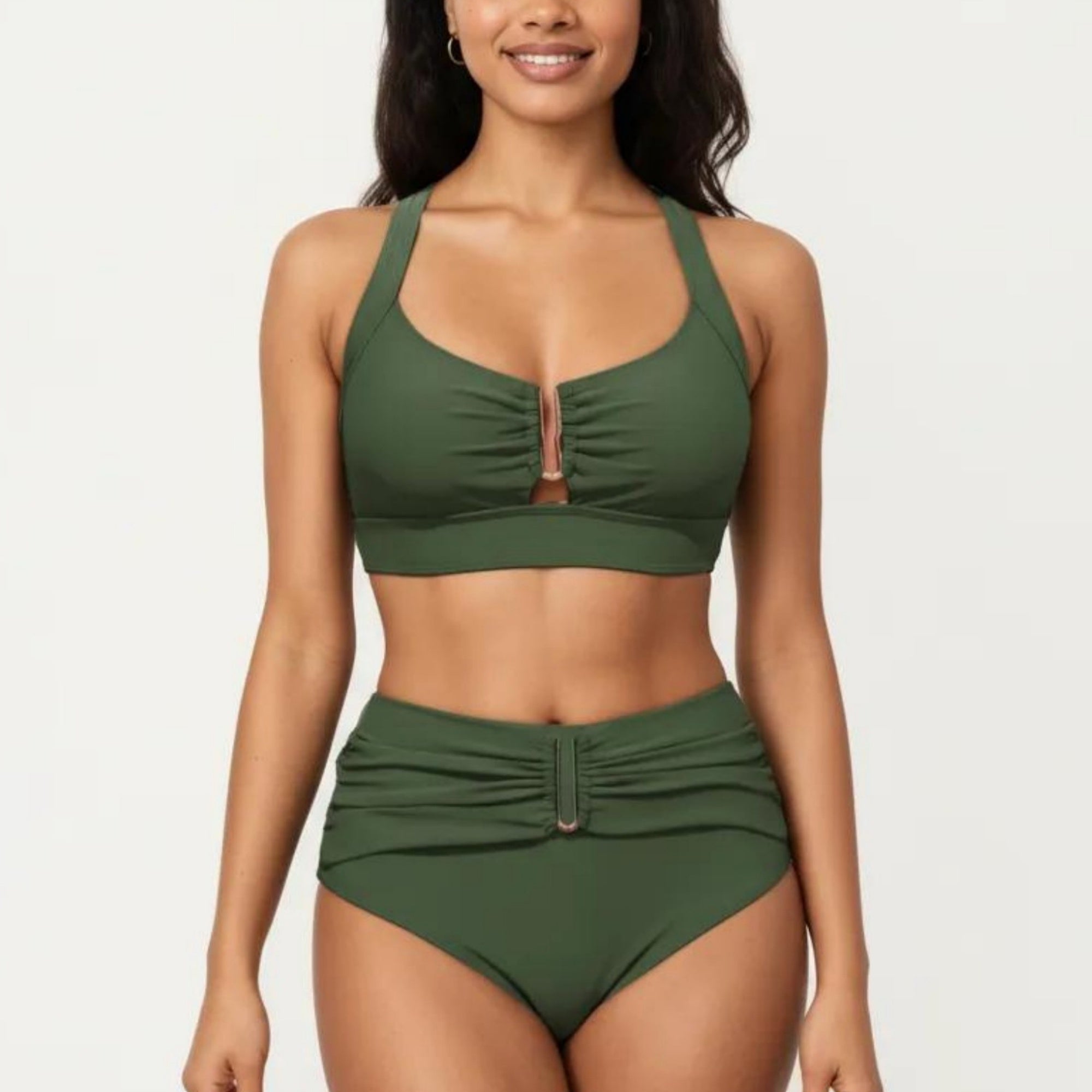 Anna-Kaci Swim Women's Two Piece Bikini Set with Ruched Bralette Top and High Waist Bottoms