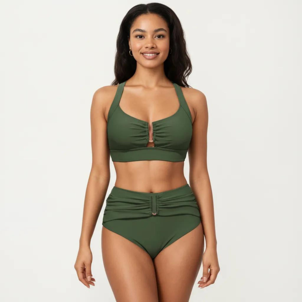 Anna-Kaci Swim Women's Two Piece Bikini Set with Ruched Bralette Top and High Waist Bottoms