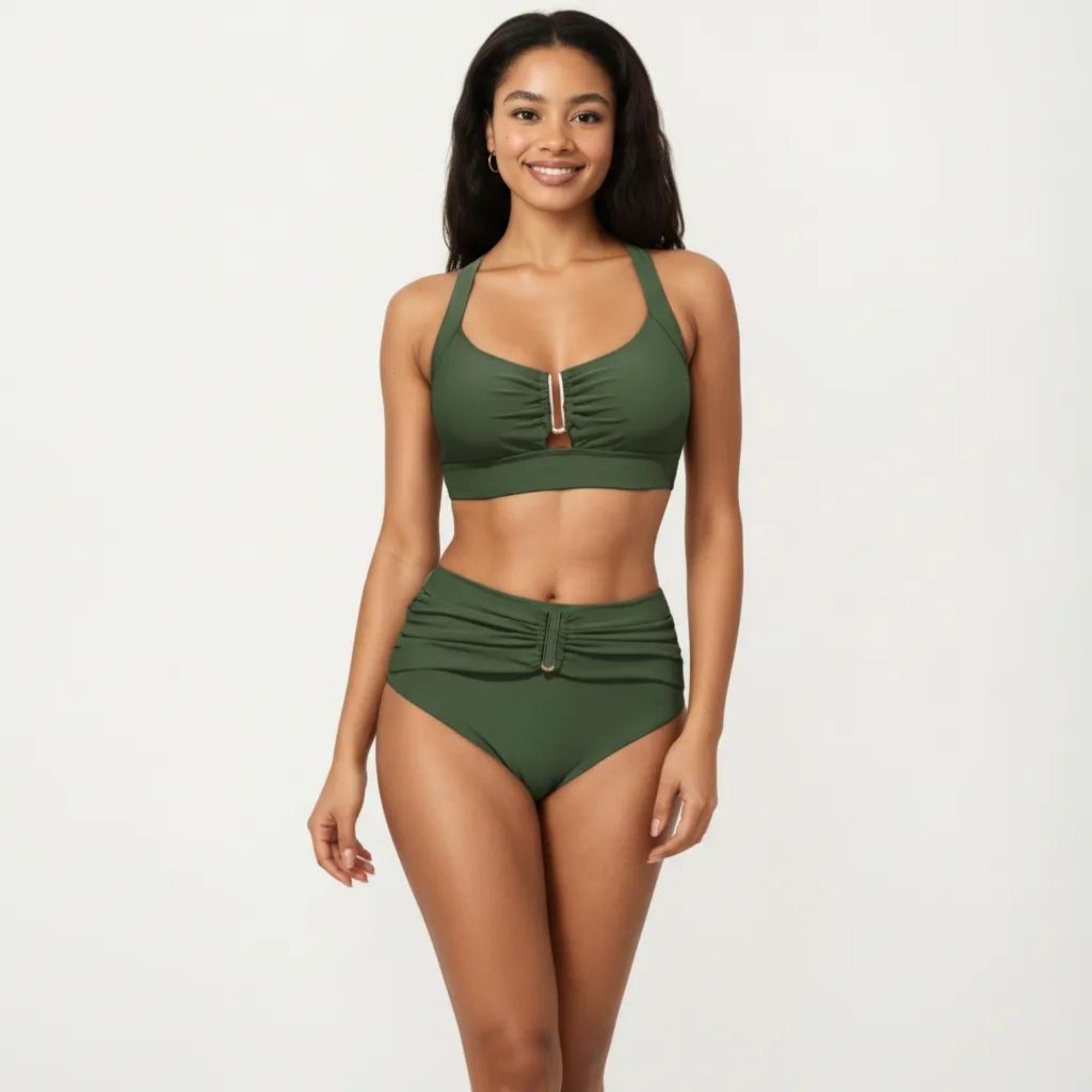 Anna-Kaci Swim Women's Two Piece Bikini Set with Ruched Bralette Top and High Waist Bottoms