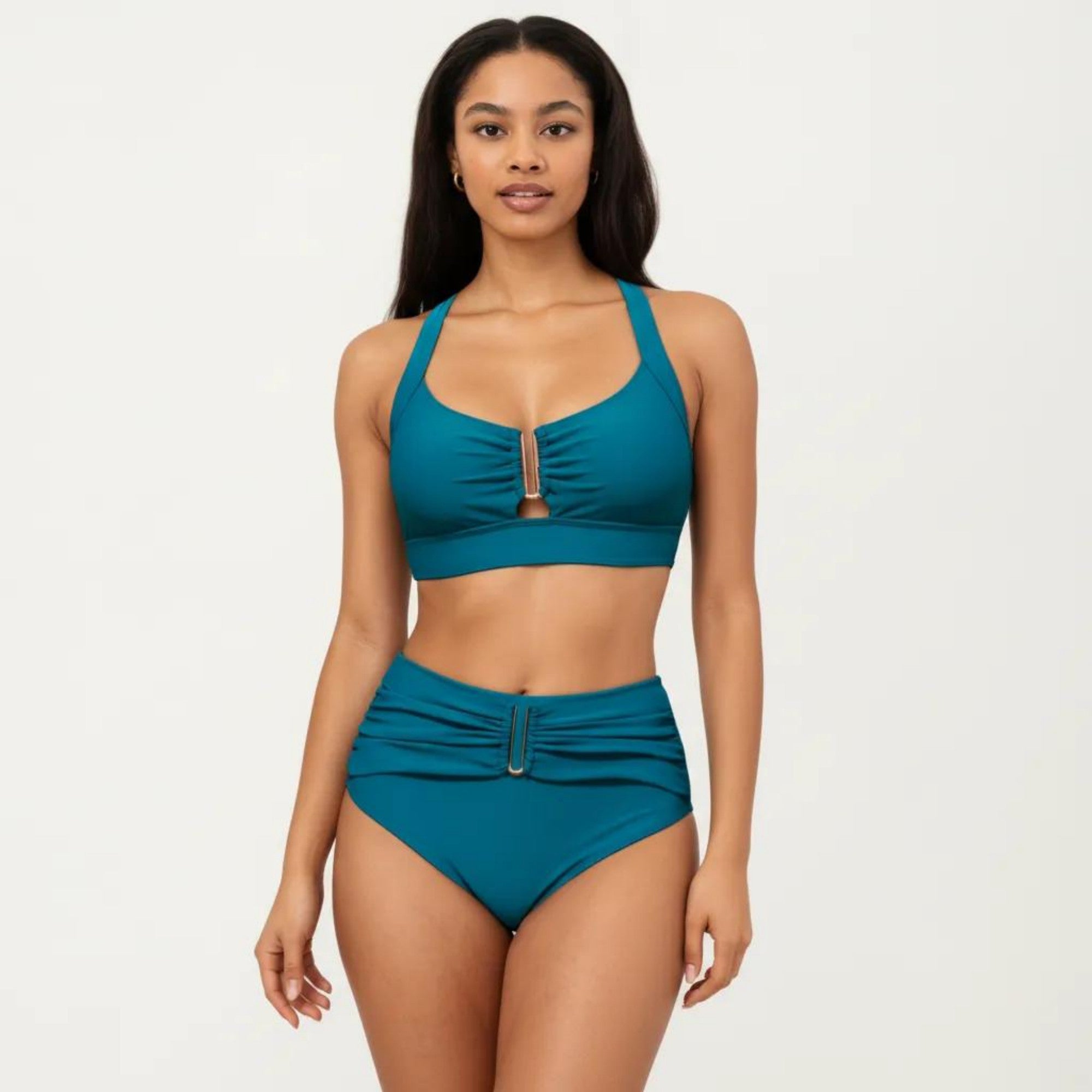 Anna-Kaci Swim Women's Two Piece Bikini Set with Ruched Bralette Top and High Waist Bottoms
