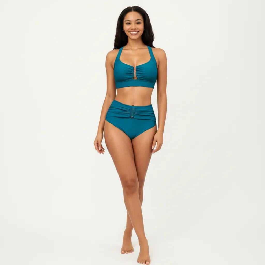 Anna-Kaci Swim Women's Two Piece Bikini Set with Ruched Bralette Top and High Waist Bottoms