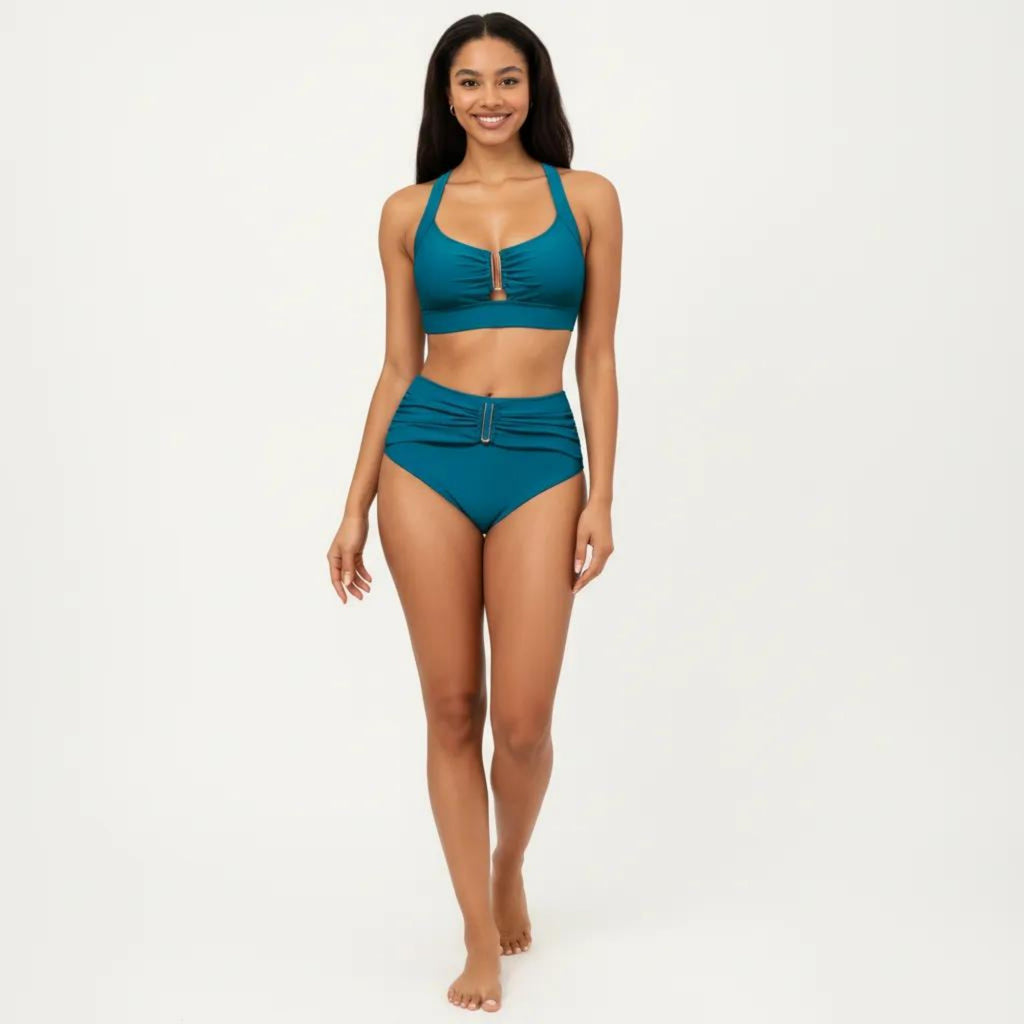 Anna-Kaci Swim Women's Two Piece Bikini Set with Ruched Bralette Top and High Waist Bottoms