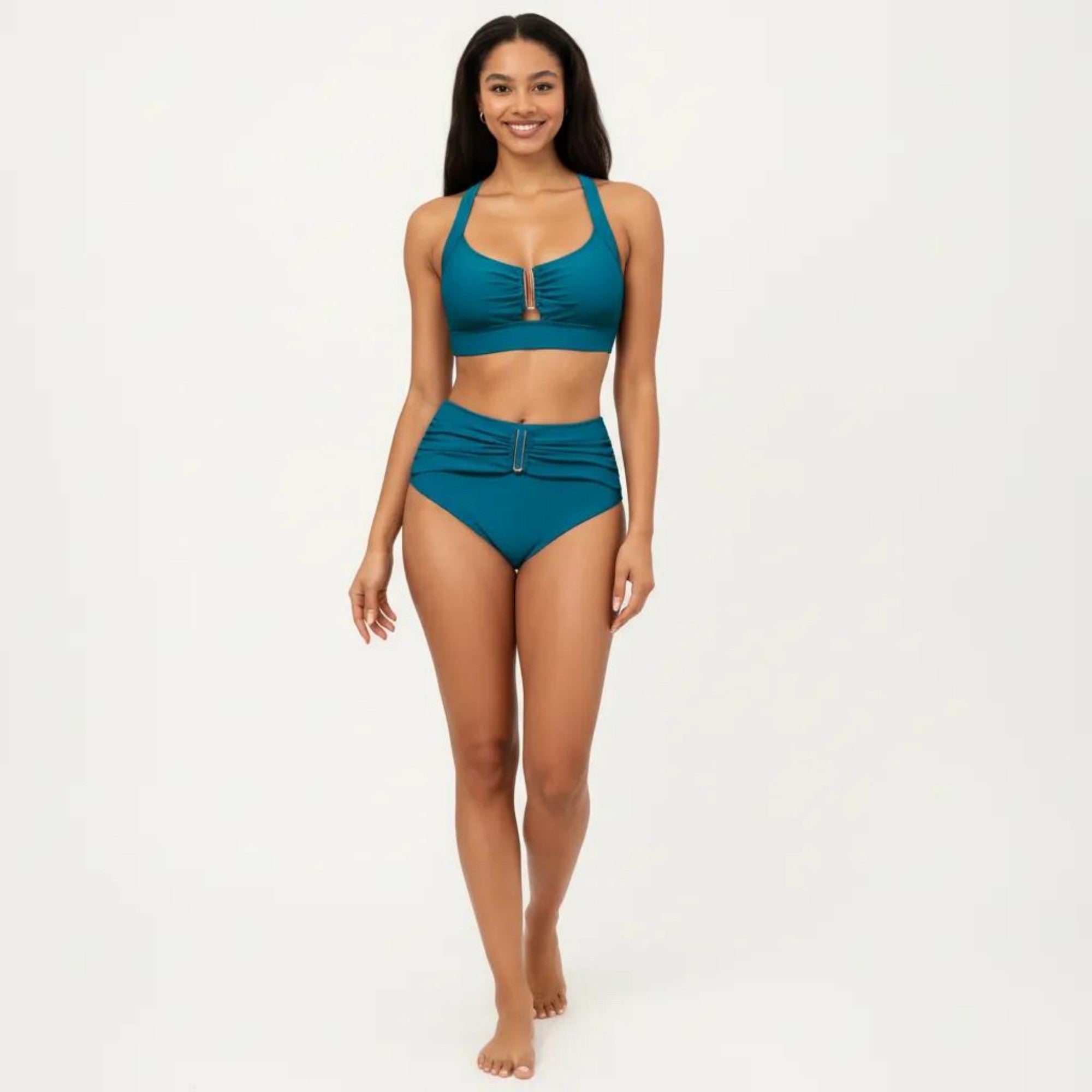 Anna-Kaci Swim Women's Two Piece Bikini Set with Ruched Bralette Top and High Waist Bottoms