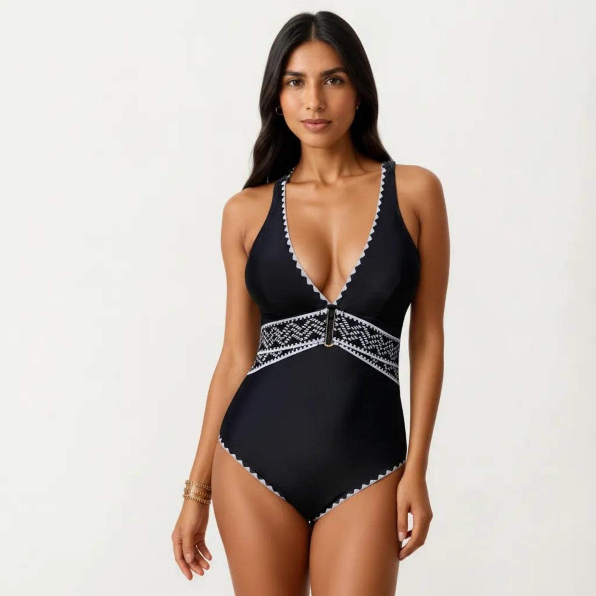 Anna-Kaci Swim Women's One Piece Swimsuit with Deep V Neckline Textured Waistband and Contrast Trim