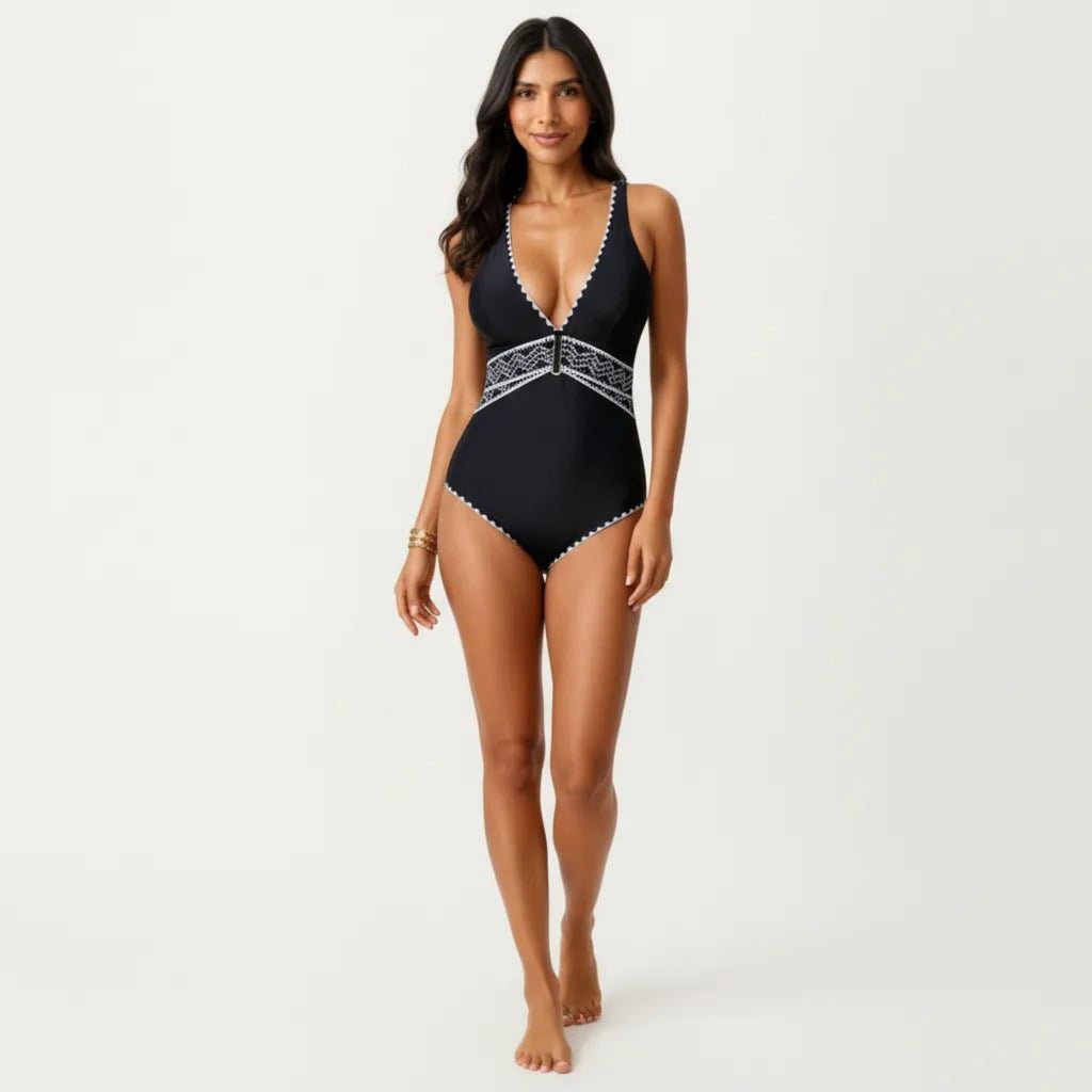 Anna-Kaci Swim Women's One Piece Swimsuit with Deep V Neckline Textured Waistband and Contrast Trim