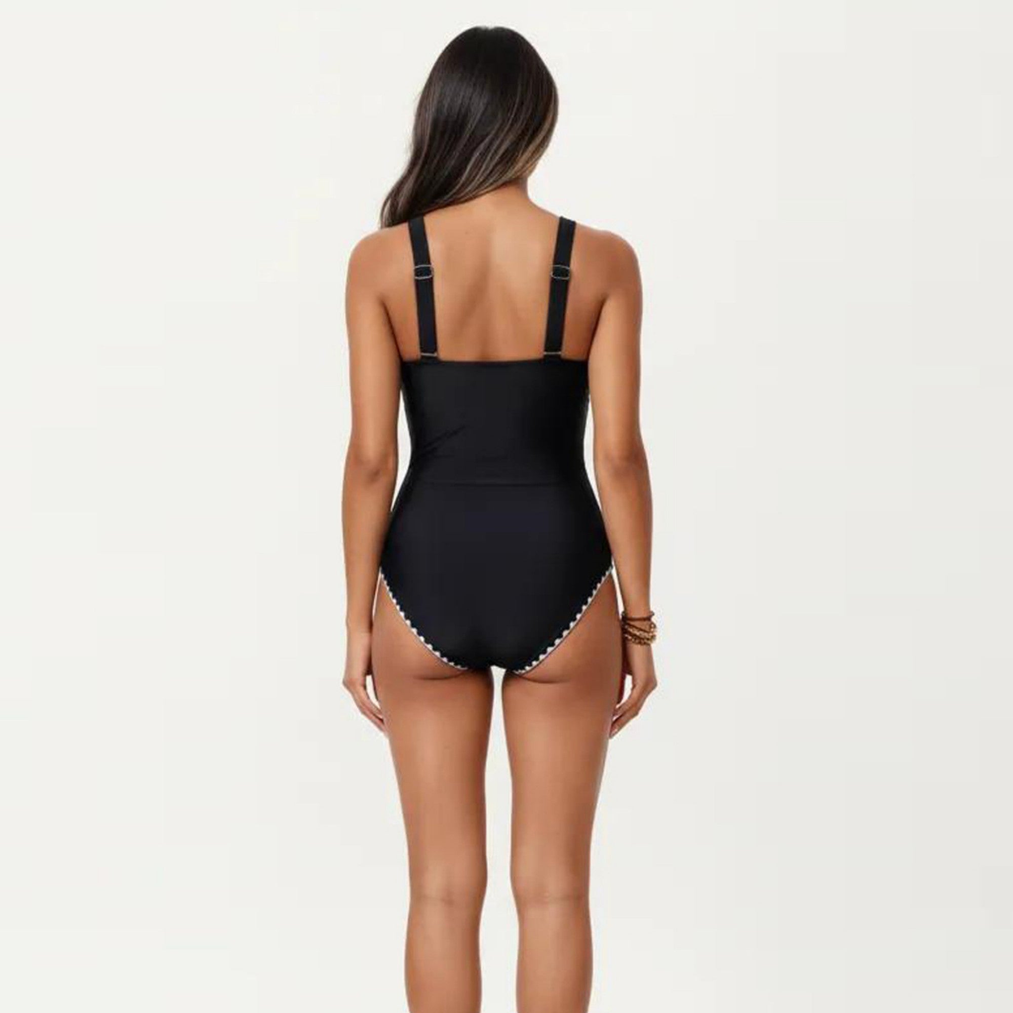 Anna-Kaci Swim Women's One Piece Swimsuit with Deep V Neckline Textured Waistband and Contrast Trim