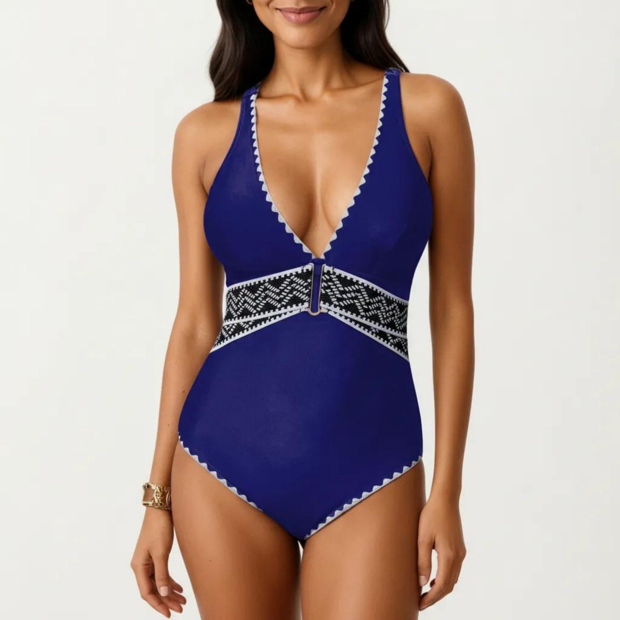 Anna-Kaci Swim Women's One Piece Swimsuit with Deep V Neckline Textured Waistband and Contrast Trim