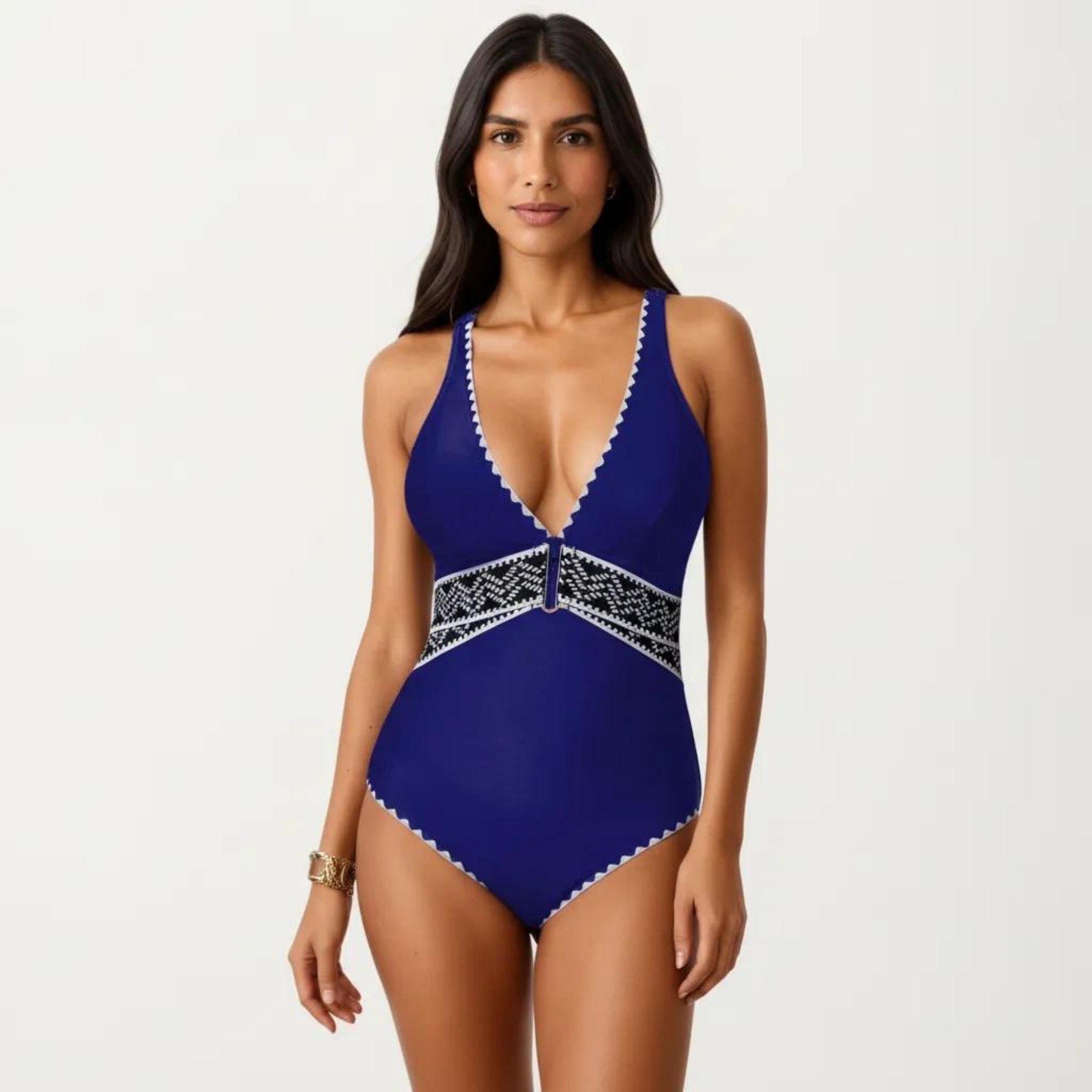 Anna-Kaci Swim Women's One Piece Swimsuit with Deep V Neckline Textured Waistband and Contrast Trim
