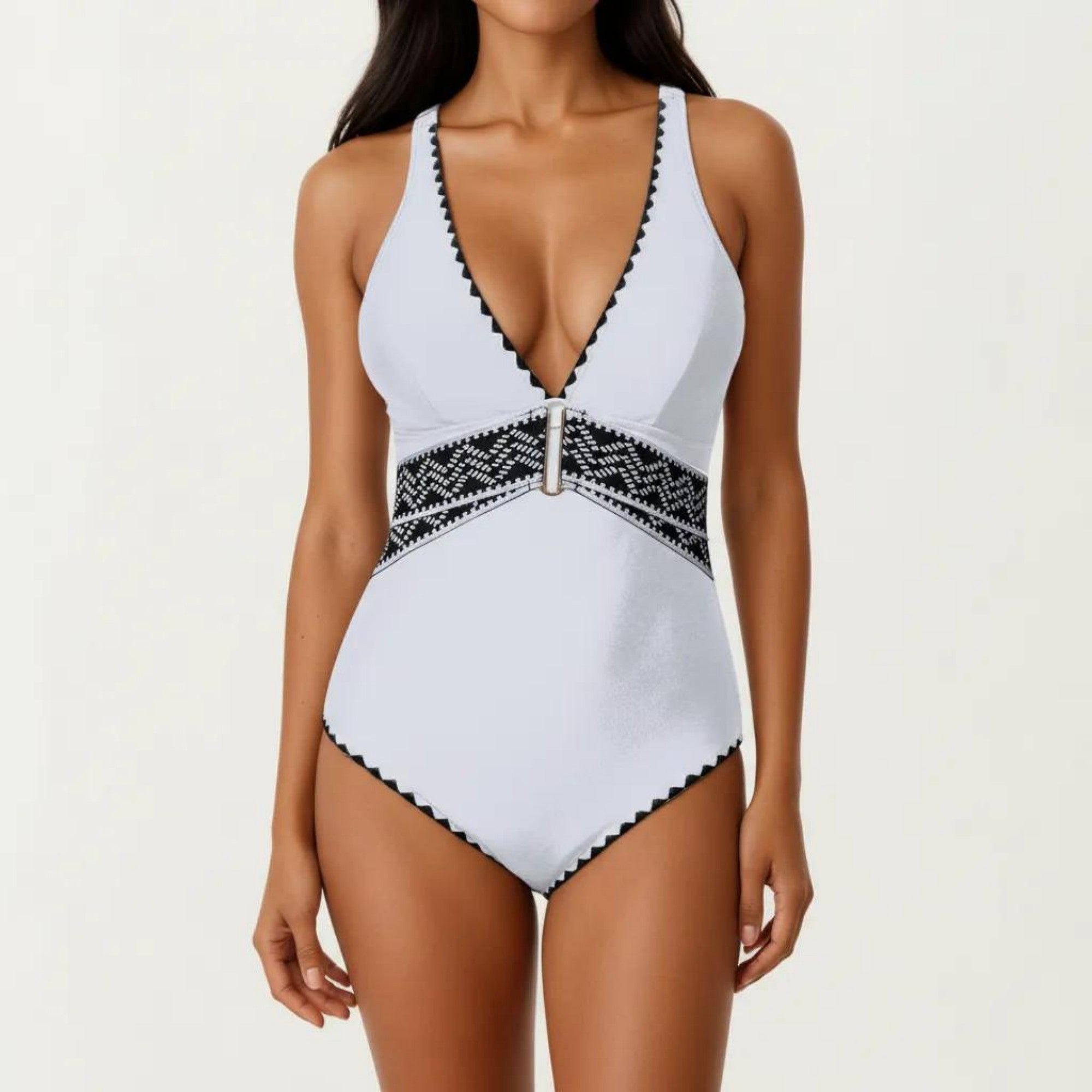 Anna-Kaci Swim Women's One Piece Swimsuit with Deep V Neckline Textured Waistband and Contrast Trim