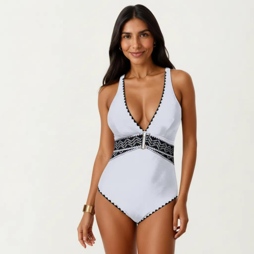 Anna-Kaci Swim Women's One Piece Swimsuit with Deep V Neckline Textured Waistband and Contrast Trim