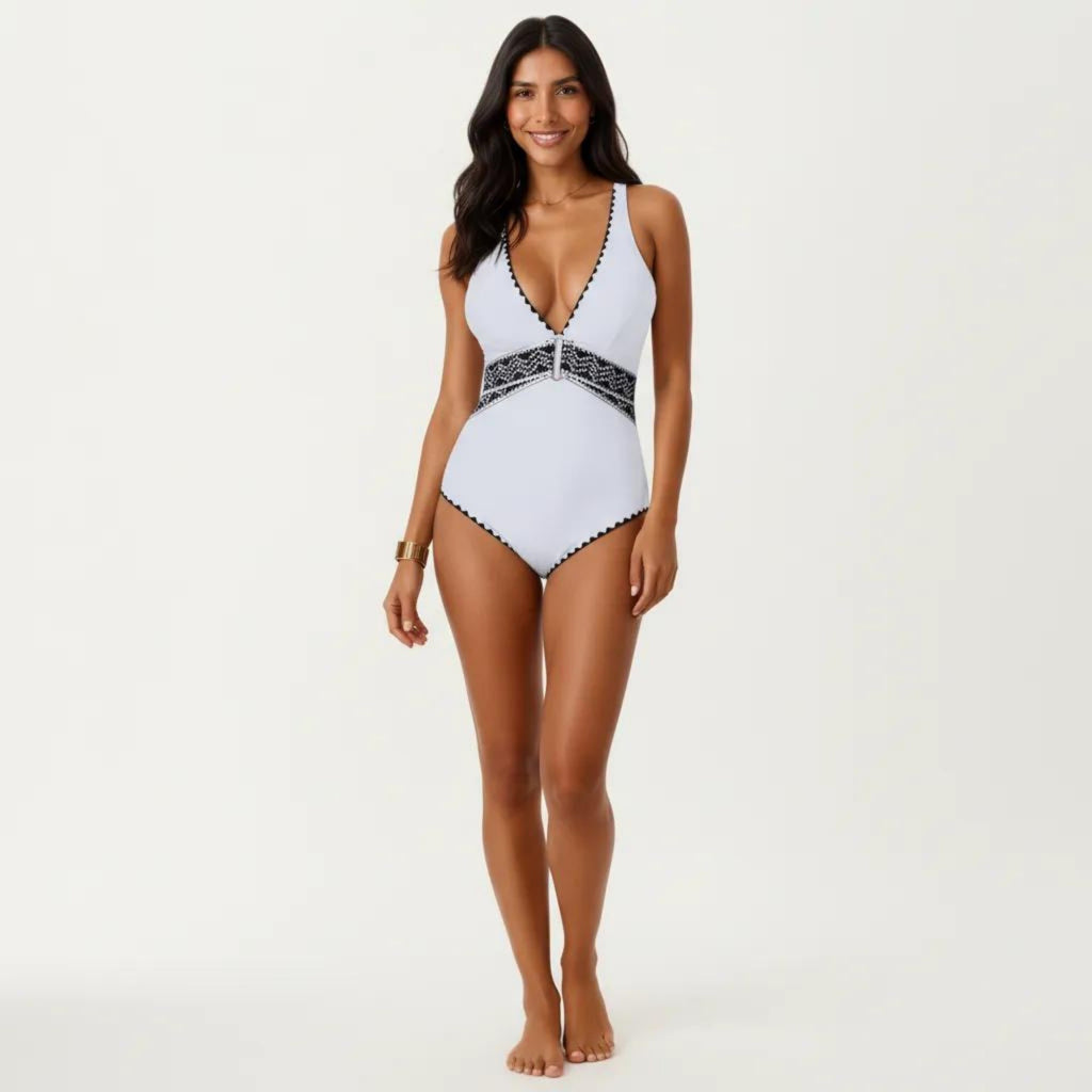 Anna-Kaci Swim Women's One Piece Swimsuit with Deep V Neckline Textured Waistband and Contrast Trim