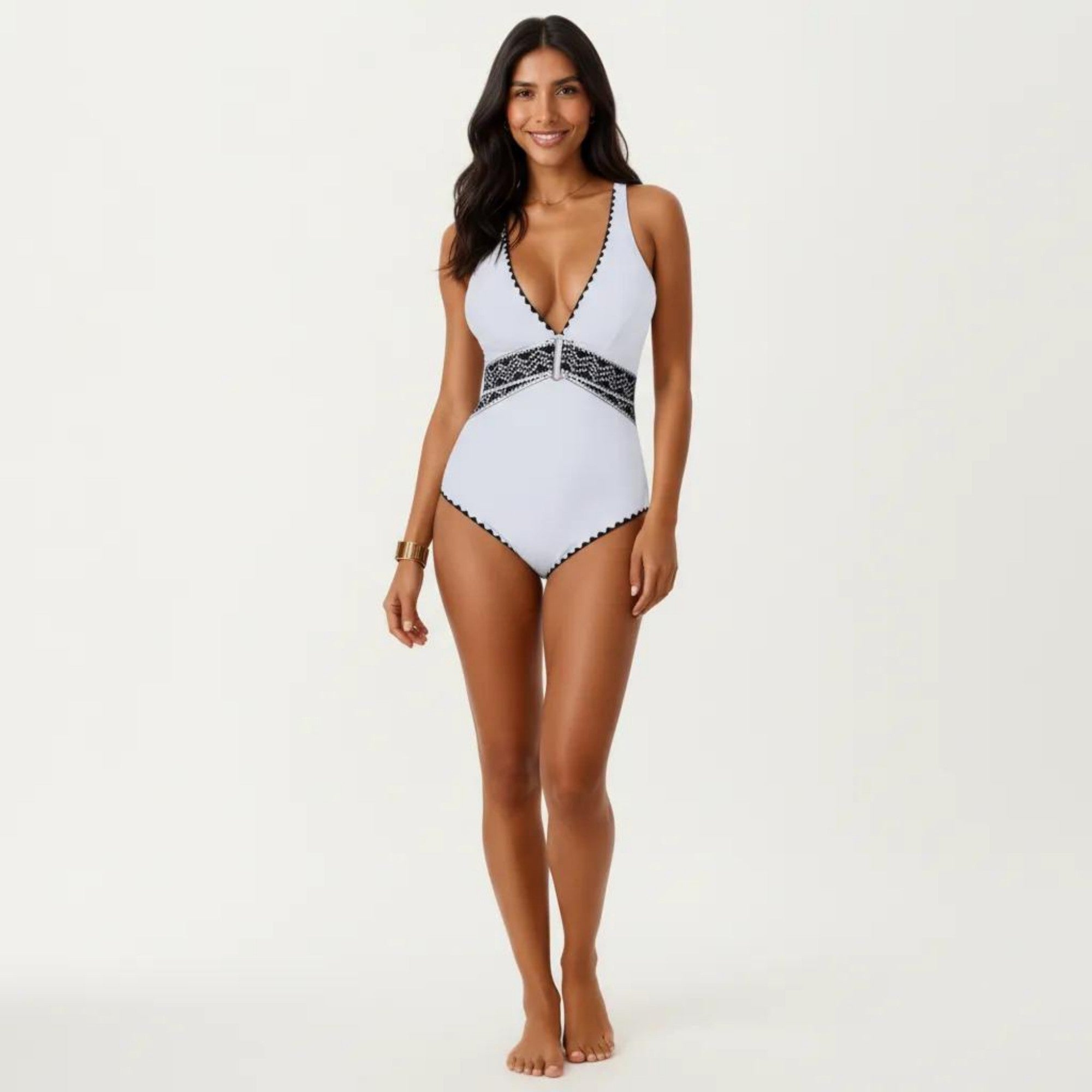 Anna-Kaci Swim Women's One Piece Swimsuit with Deep V Neckline Textured Waistband and Contrast Trim