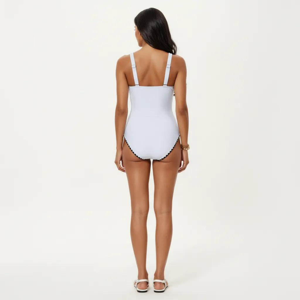 Anna-Kaci Swim Women's One Piece Swimsuit with Deep V Neckline Textured Waistband and Contrast Trim