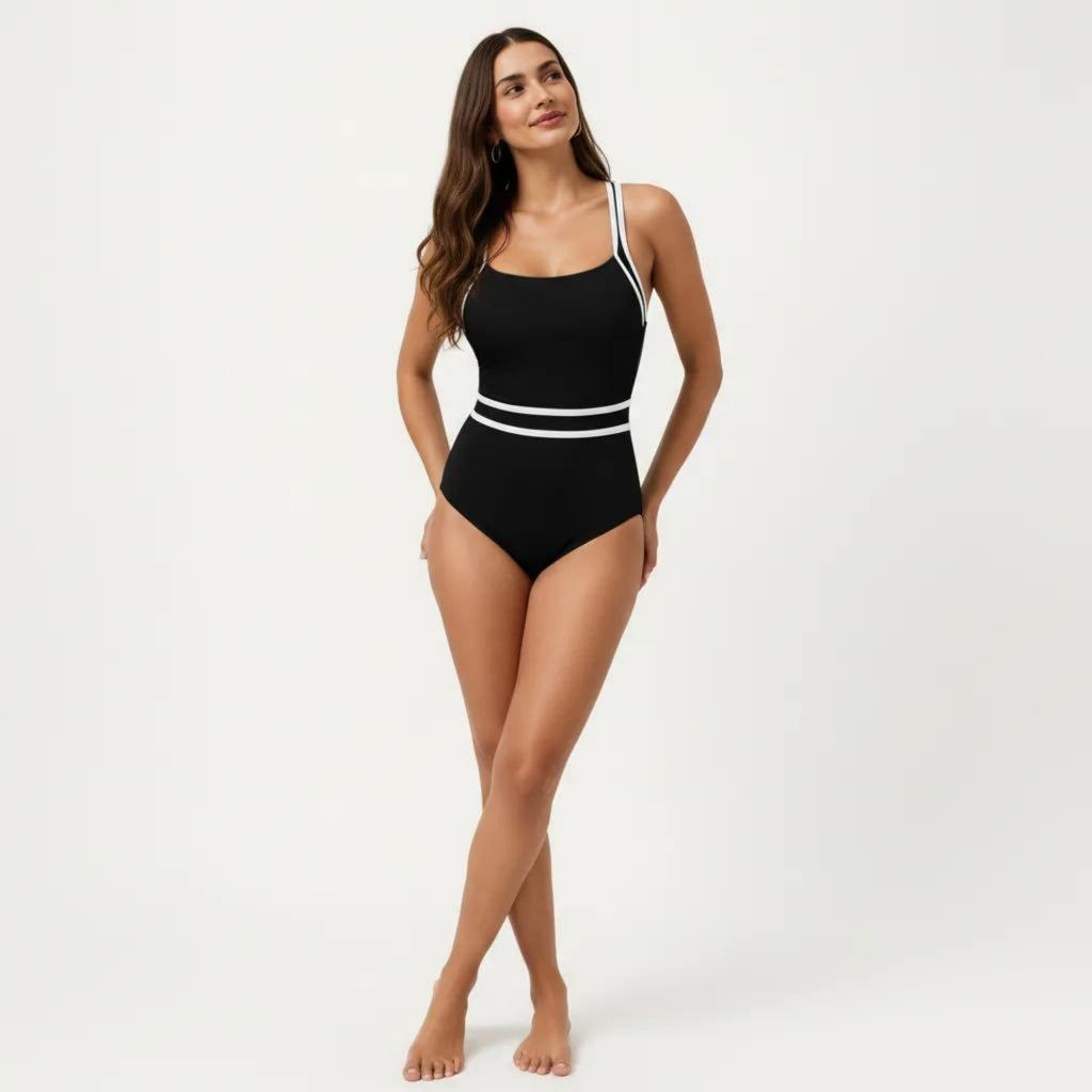 Anna-Kaci Swim Women's One Piece Swimsuit with Scoop Neckline Contrast Trim and Waistband Detail