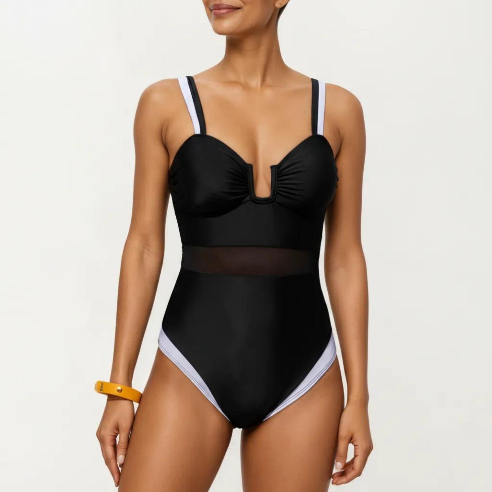 Anna-Kaci Swim Women's One Piece Swimsuit with U Neckline Sheer Waist Panel and Contrast Strap Detail