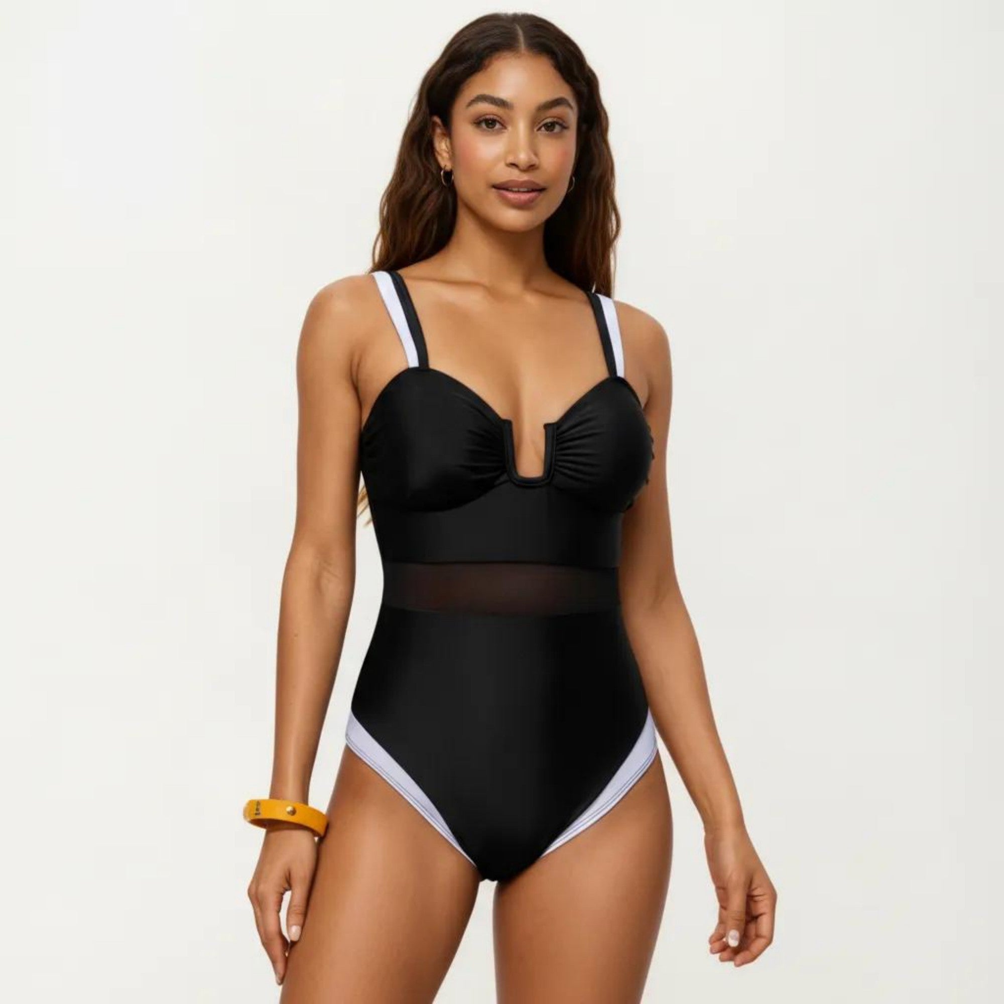 Anna-Kaci Swim Women's One Piece Swimsuit with U Neckline Sheer Waist Panel and Contrast Strap Detail