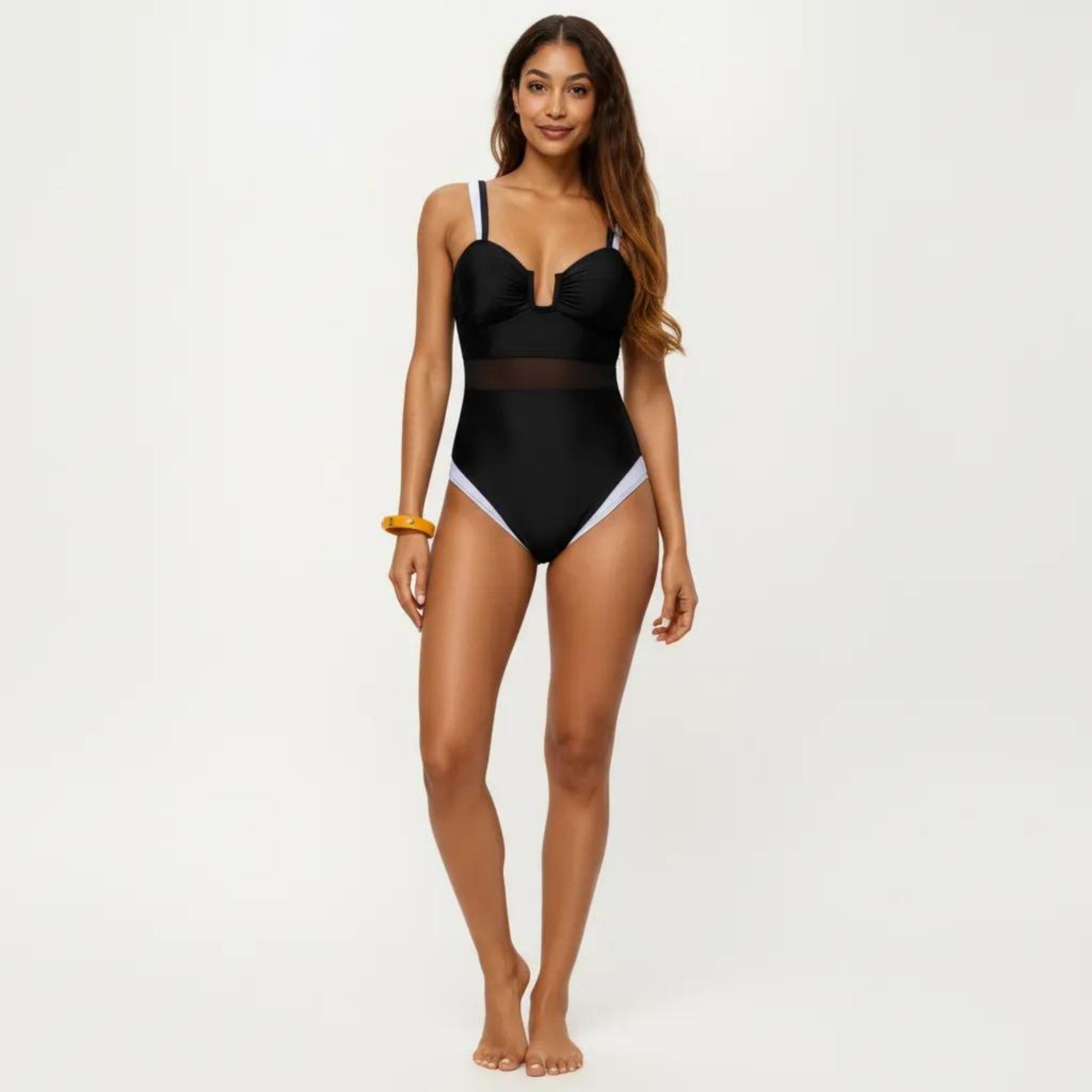 Anna-Kaci Swim Women's One Piece Swimsuit with U Neckline Sheer Waist Panel and Contrast Strap Detail