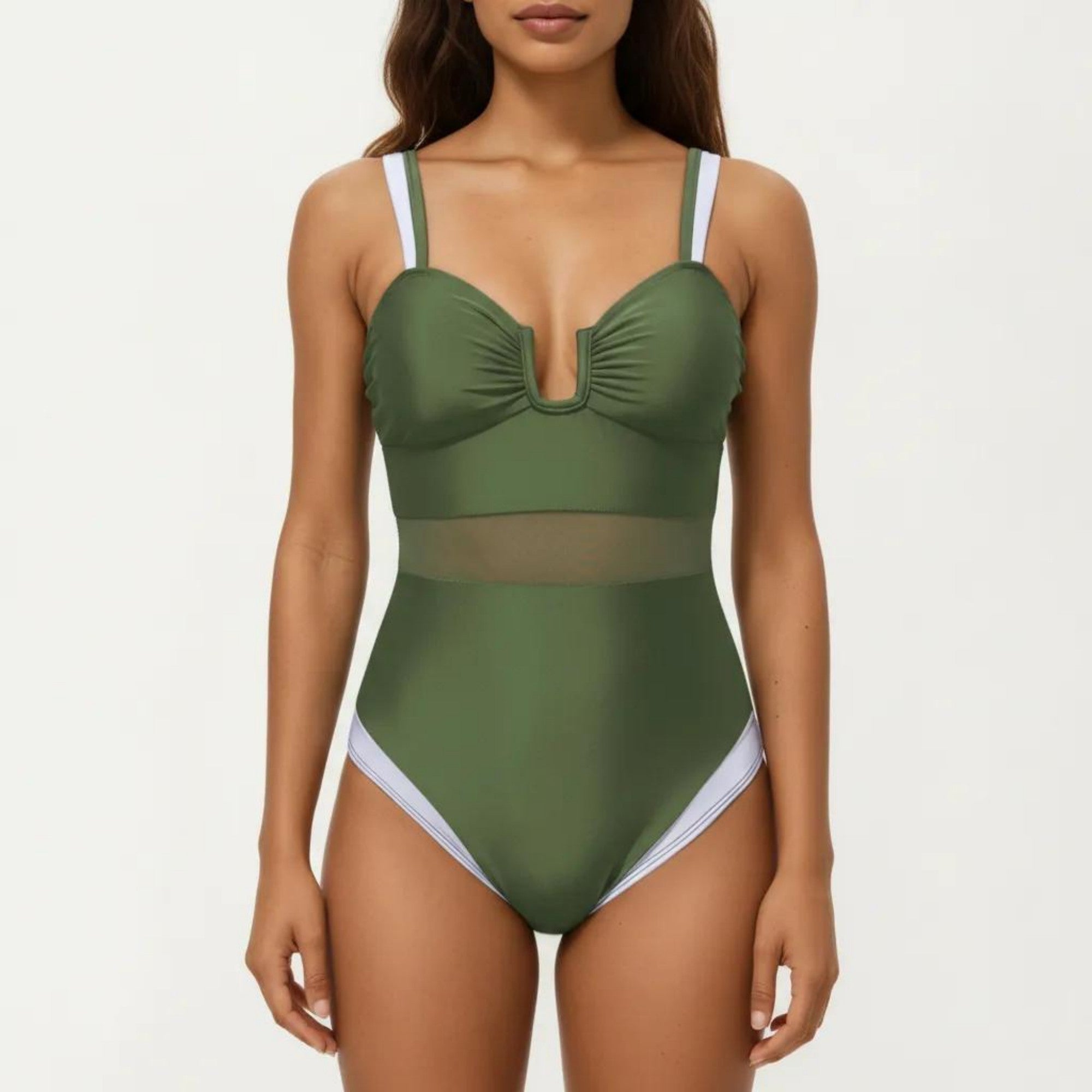 Anna-Kaci Swim Women's One Piece Swimsuit with U Neckline Sheer Waist Panel and Contrast Strap Detail