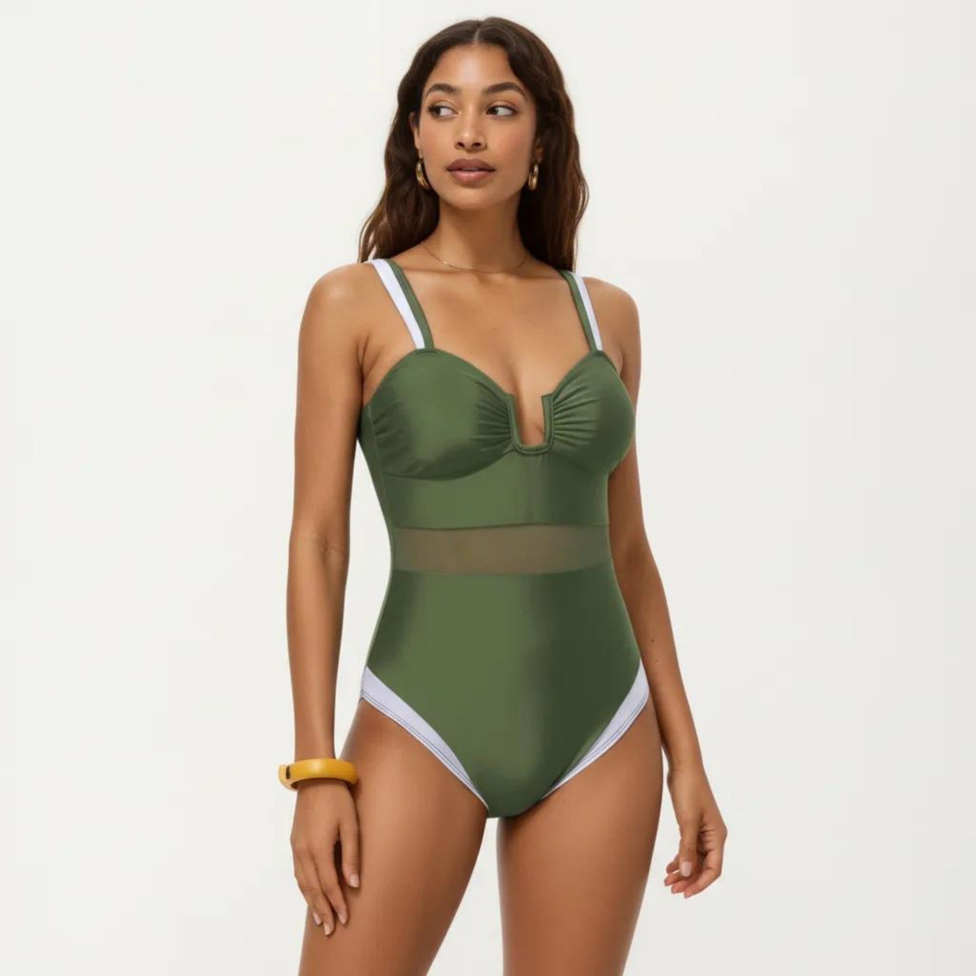 Anna-Kaci Swim Women's One Piece Swimsuit with U Neckline Sheer Waist Panel and Contrast Strap Detail