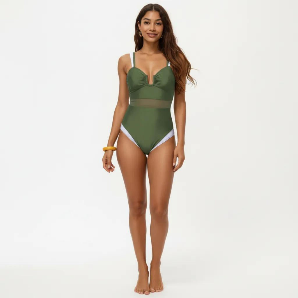 Anna-Kaci Swim Women's One Piece Swimsuit with U Neckline Sheer Waist Panel and Contrast Strap Detail