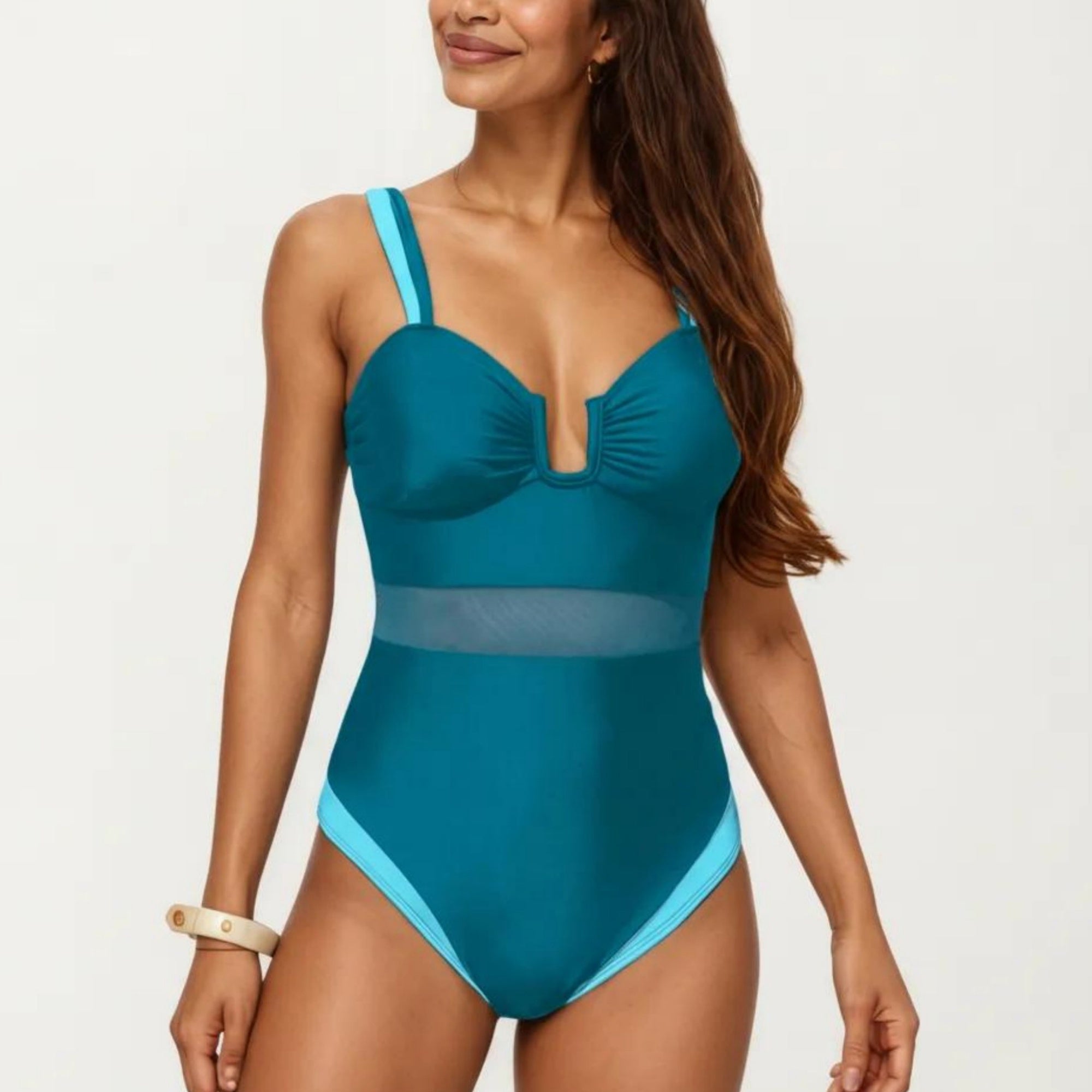Anna-Kaci Swim Women's One Piece Swimsuit with U Neckline Sheer Waist Panel and Contrast Strap Detail