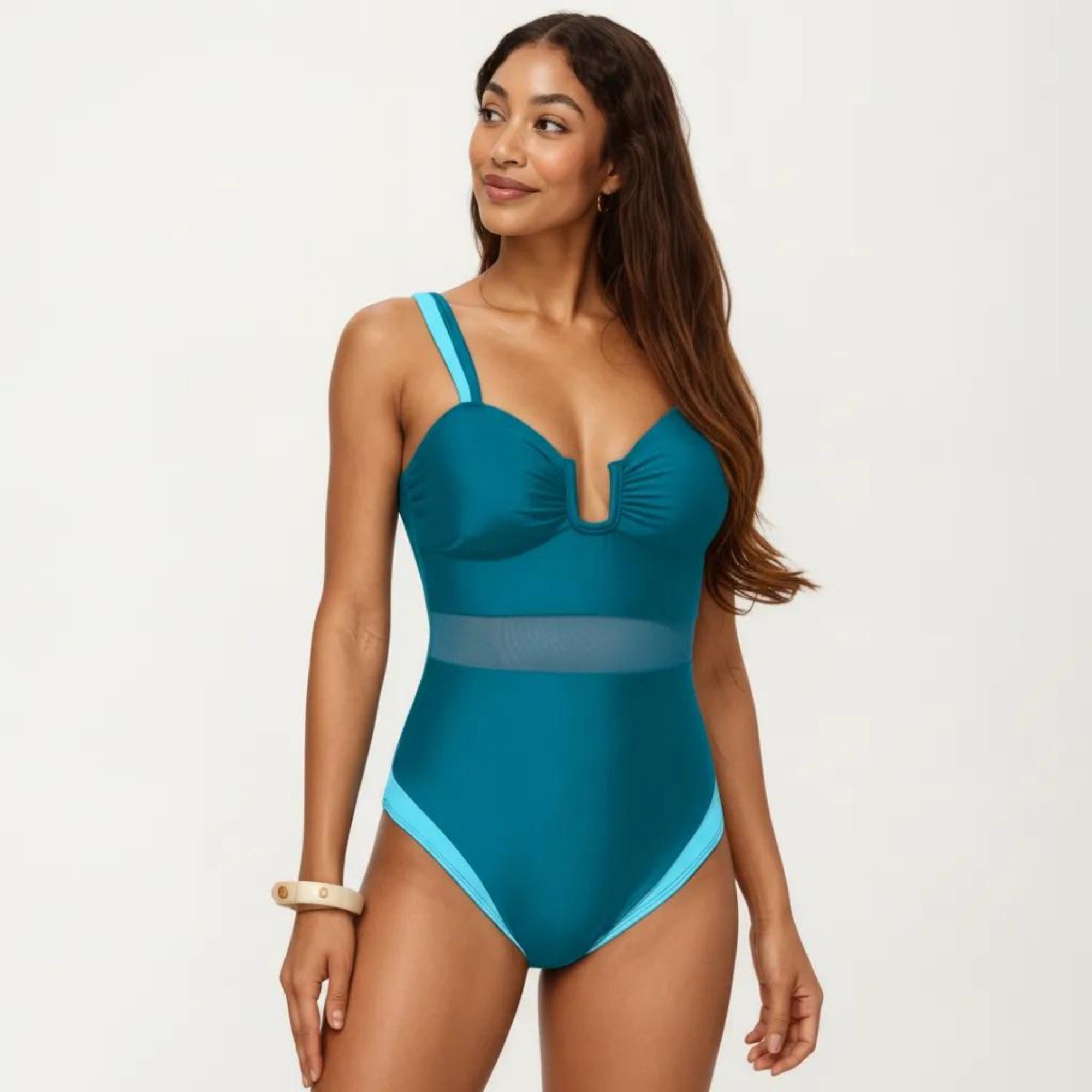 Anna-Kaci Swim Women's One Piece Swimsuit with U Neckline Sheer Waist Panel and Contrast Strap Detail