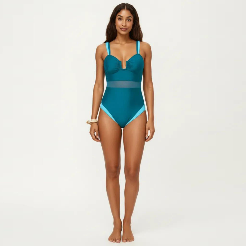 Anna-Kaci Swim Women's One Piece Swimsuit with U Neckline Sheer Waist Panel and Contrast Strap Detail