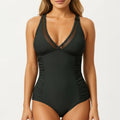 Anna-Kaci Swim Women's One Piece Swimsuit with Sheer V Neck Inset Ruched Sides and Supportive Fit