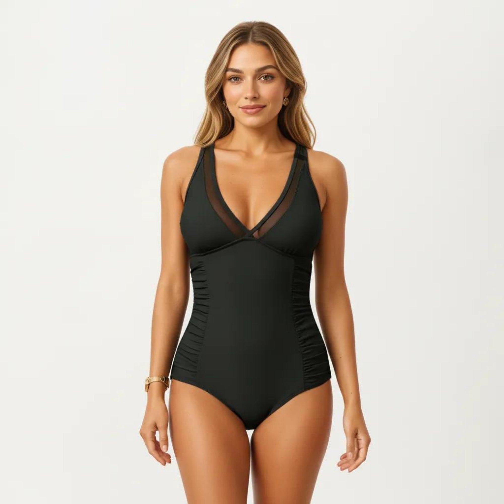 Anna-Kaci Swim Women's One Piece Swimsuit with Sheer V Neck Inset Ruched Sides and Supportive Fit
