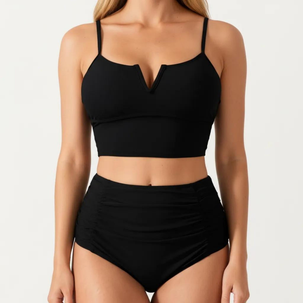 Anna-Kaci Swim Women's Two Piece Bikini Set with V Notch Crop Bikini Top and High Waist Bottom