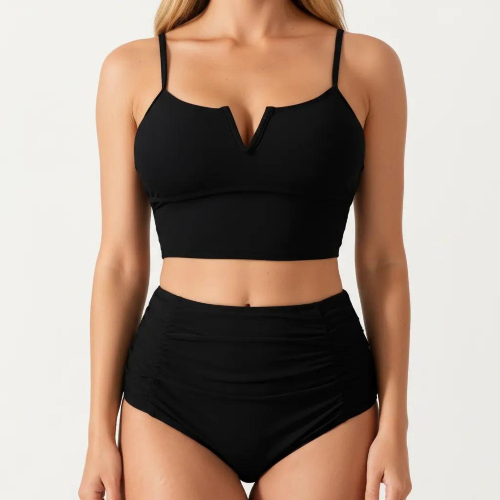 Anna-Kaci Swim Women's Two Piece Bikini Set with V Notch Crop Bikini Top and High Waist Bottom