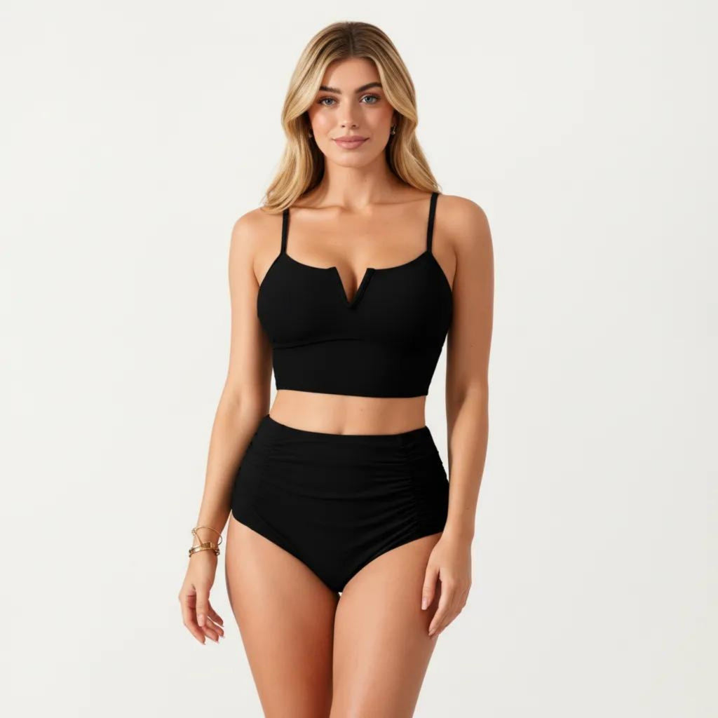 Anna-Kaci Swim Women's Two Piece Bikini Set with V Notch Crop Bikini Top and High Waist Bottom