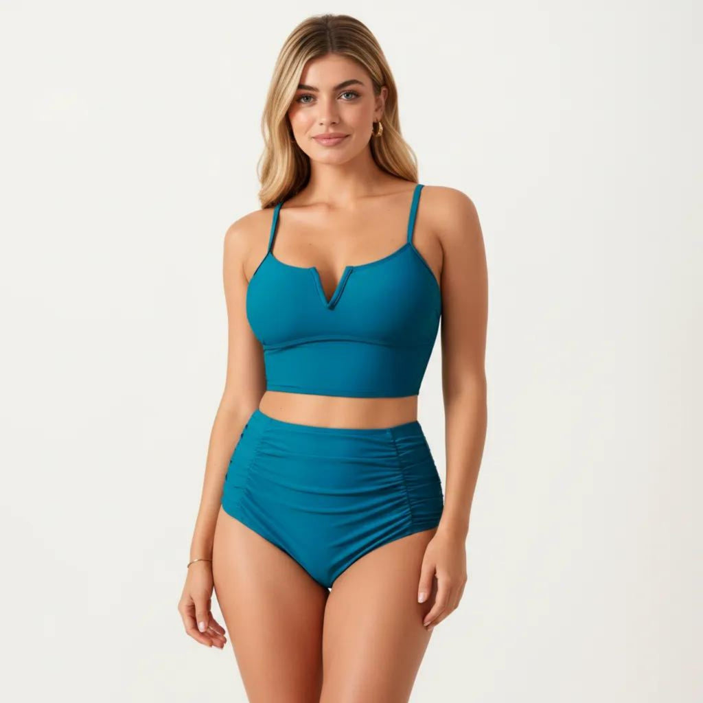 Anna-Kaci Swim Women's Two Piece Bikini Set with V Notch Crop Bikini Top and High Waist Bottom