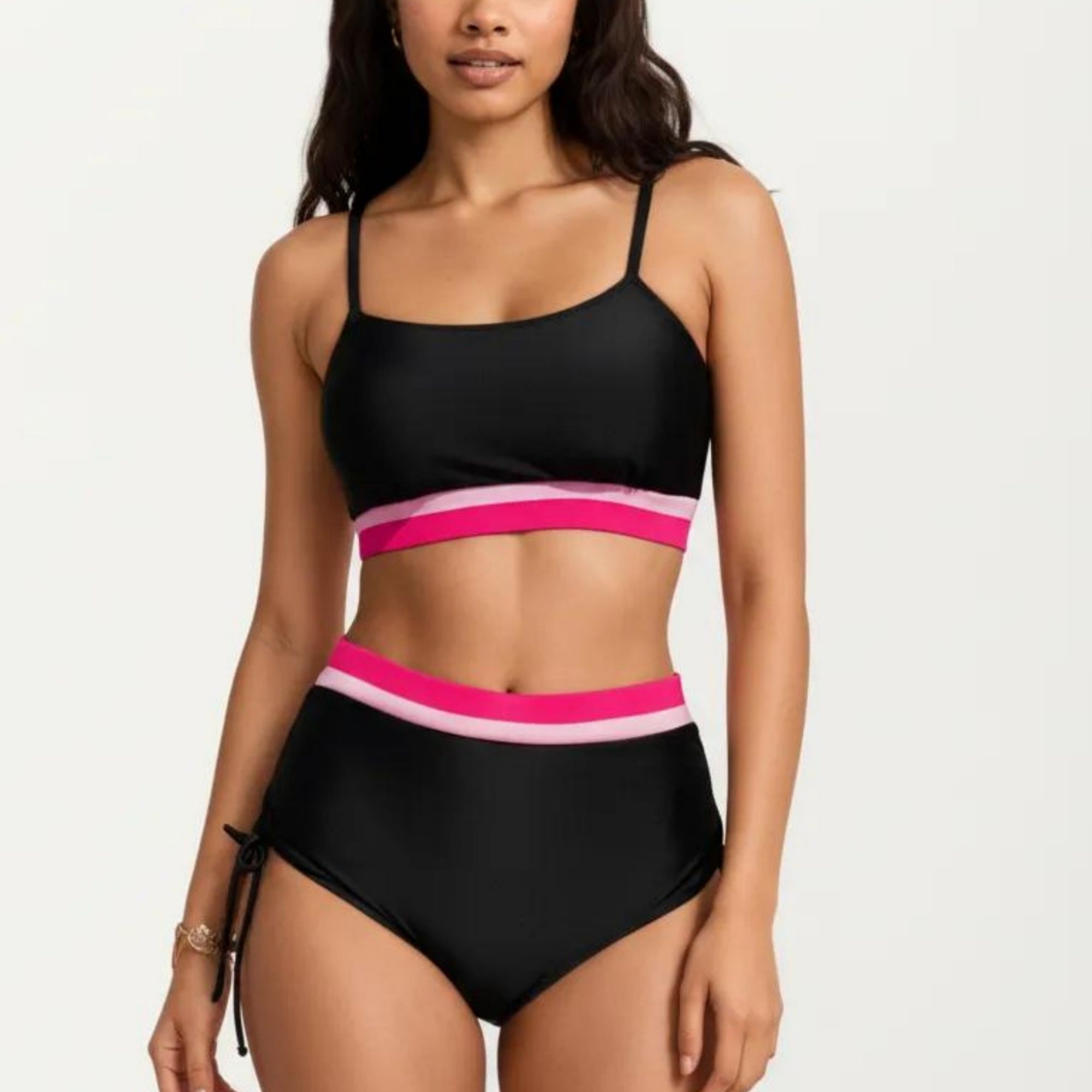 Anna-Kaci Swim Women's Two Piece Bikini Set with Scoop Neck Top High Waist Bottom and Contrast Trim