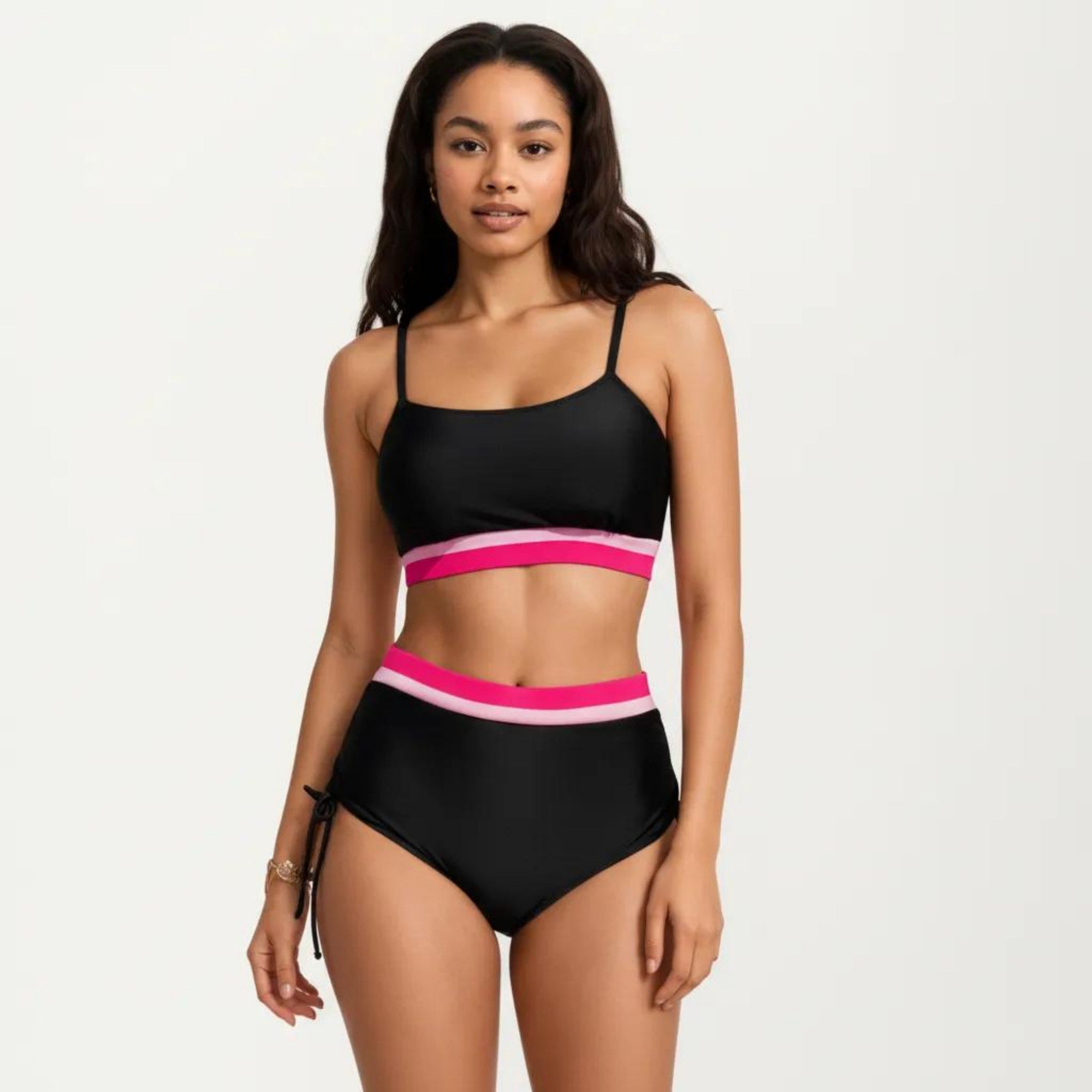 Anna-Kaci Swim Women's Two Piece Bikini Set with Scoop Neck Top High Waist Bottom and Contrast Trim