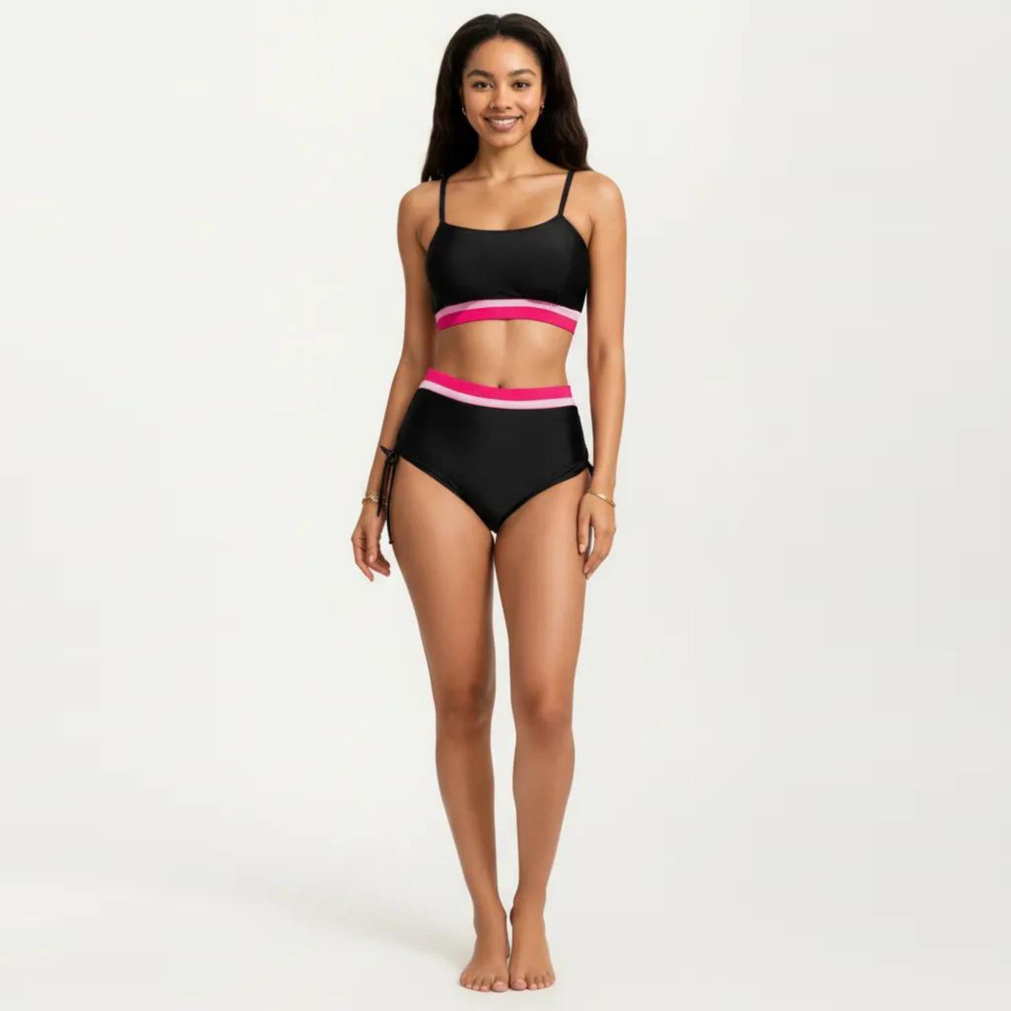 Anna-Kaci Swim Women's Two Piece Bikini Set with Scoop Neck Top High Waist Bottom and Contrast Trim