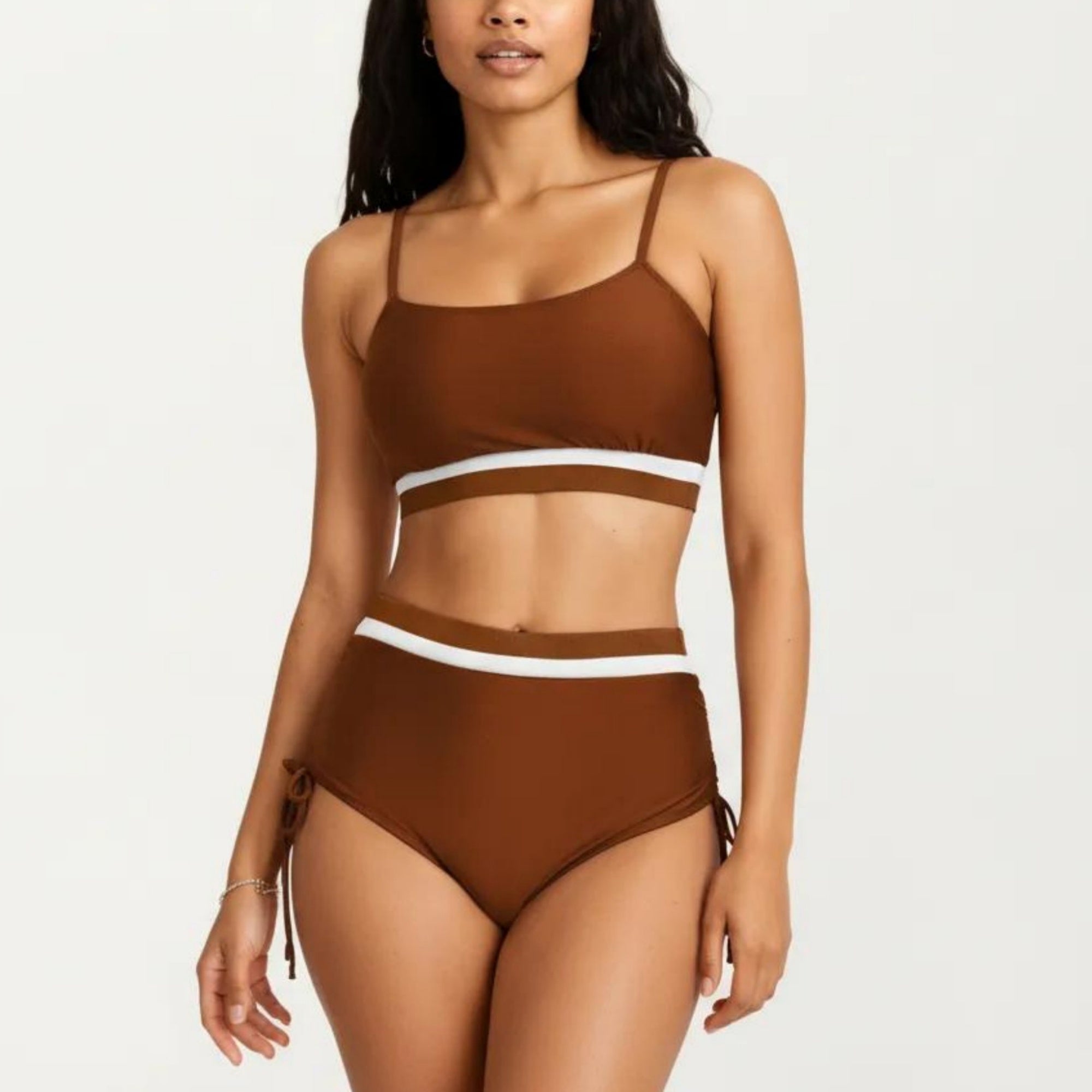 Anna-Kaci Swim Women's Two Piece Bikini Set with Scoop Neck Top High Waist Bottom and Contrast Trim