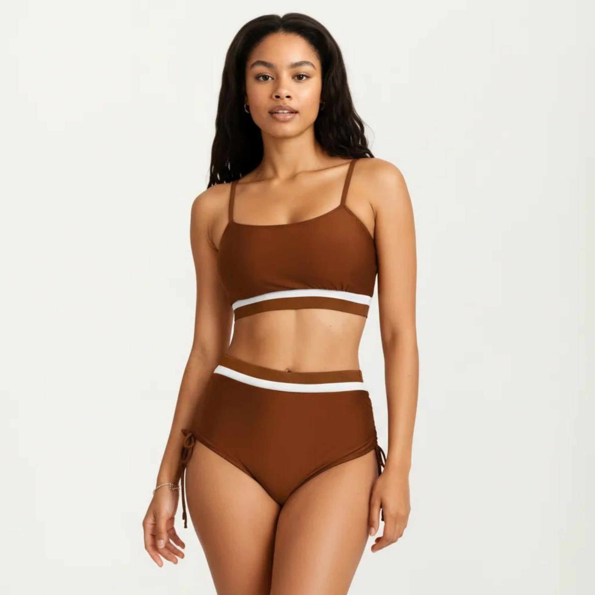 Anna-Kaci Swim Women's Two Piece Bikini Set with Scoop Neck Top High Waist Bottom and Contrast Trim