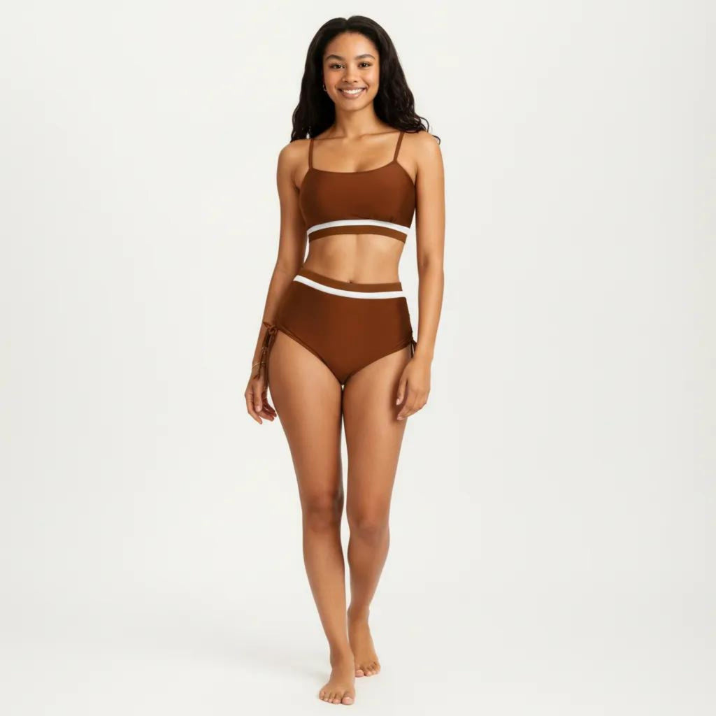 Anna-Kaci Swim Women's Two Piece Bikini Set with Scoop Neck Top High Waist Bottom and Contrast Trim